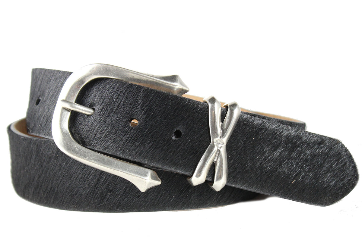 Calf Hair Belt with Antique Nickel Buckle and Keeper Set - Black
