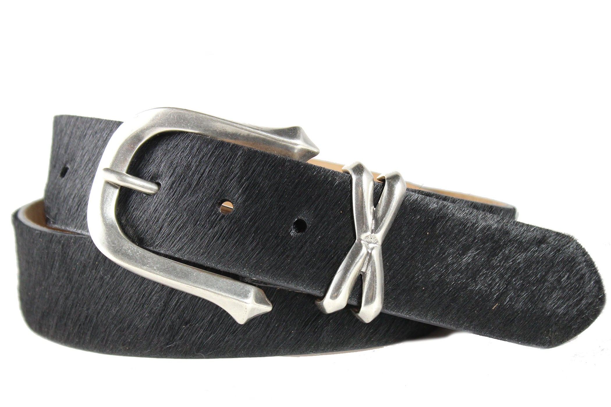 Calf Hair Belt with Antique Nickel Buckle and Keeper Set - Black