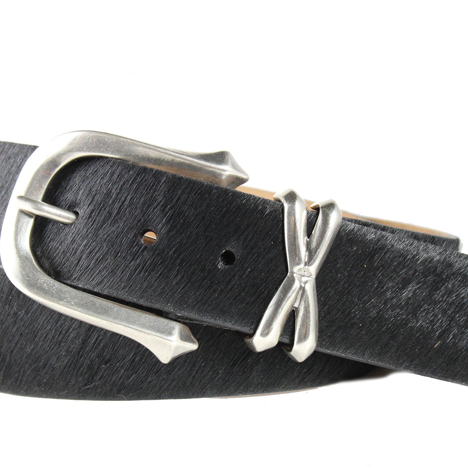 Calf Hair Belt with Antique Nickel Buckle and Keeper Set - Black