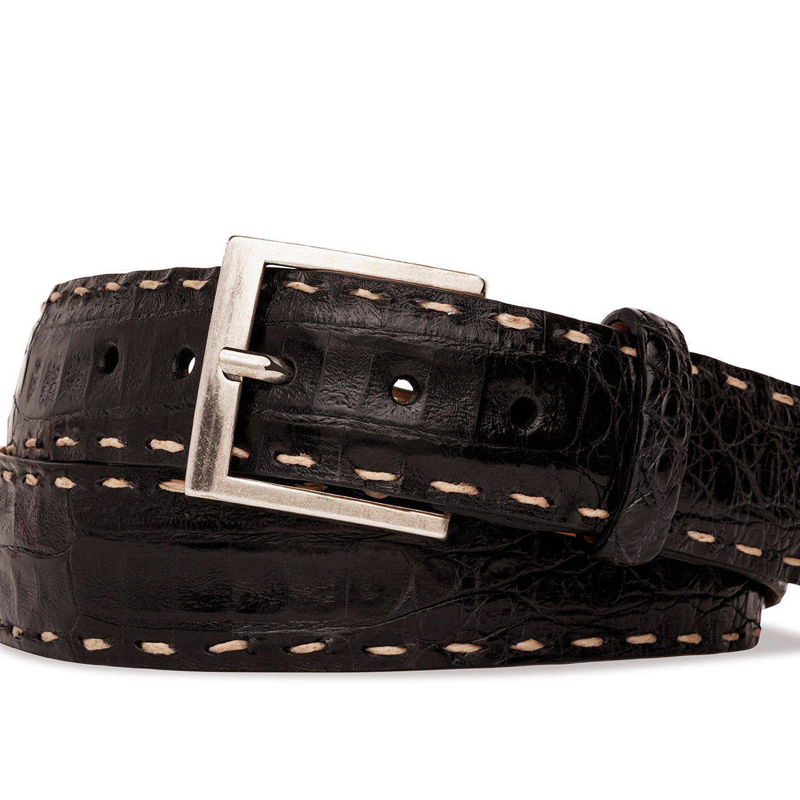 Matte Caiman Crocodile Belt with Off-White Straight Stitch and Antique Nickel Buckle