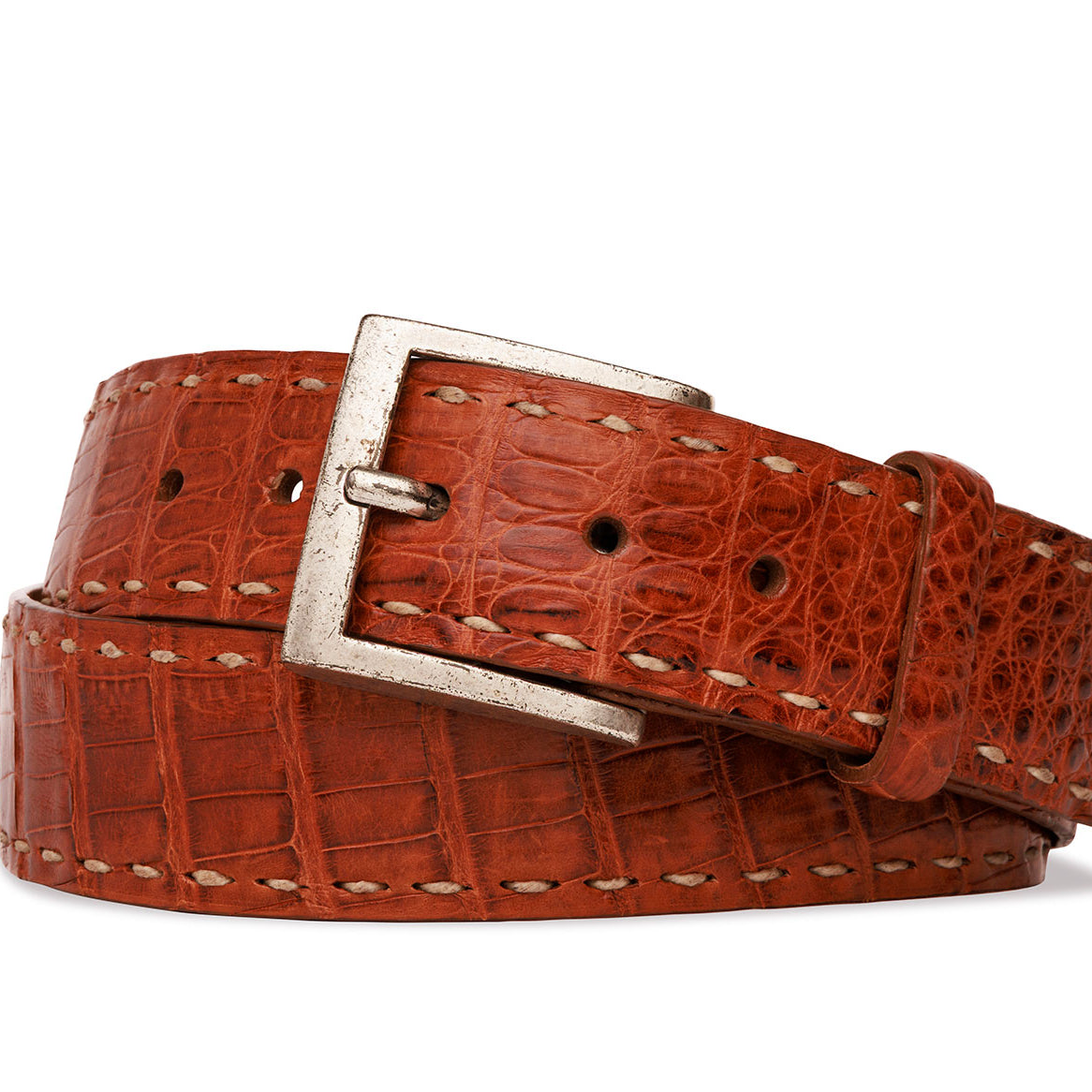 Matte Caiman Crocodile Belt with Off-White Straight Stitch and Antique Nickel Buckle