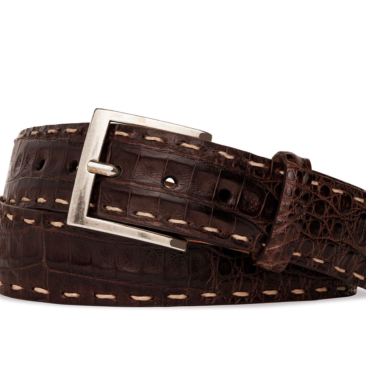 Matte Caiman Crocodile Belt with Off-White Straight Stitch and Antique Nickel Buckle