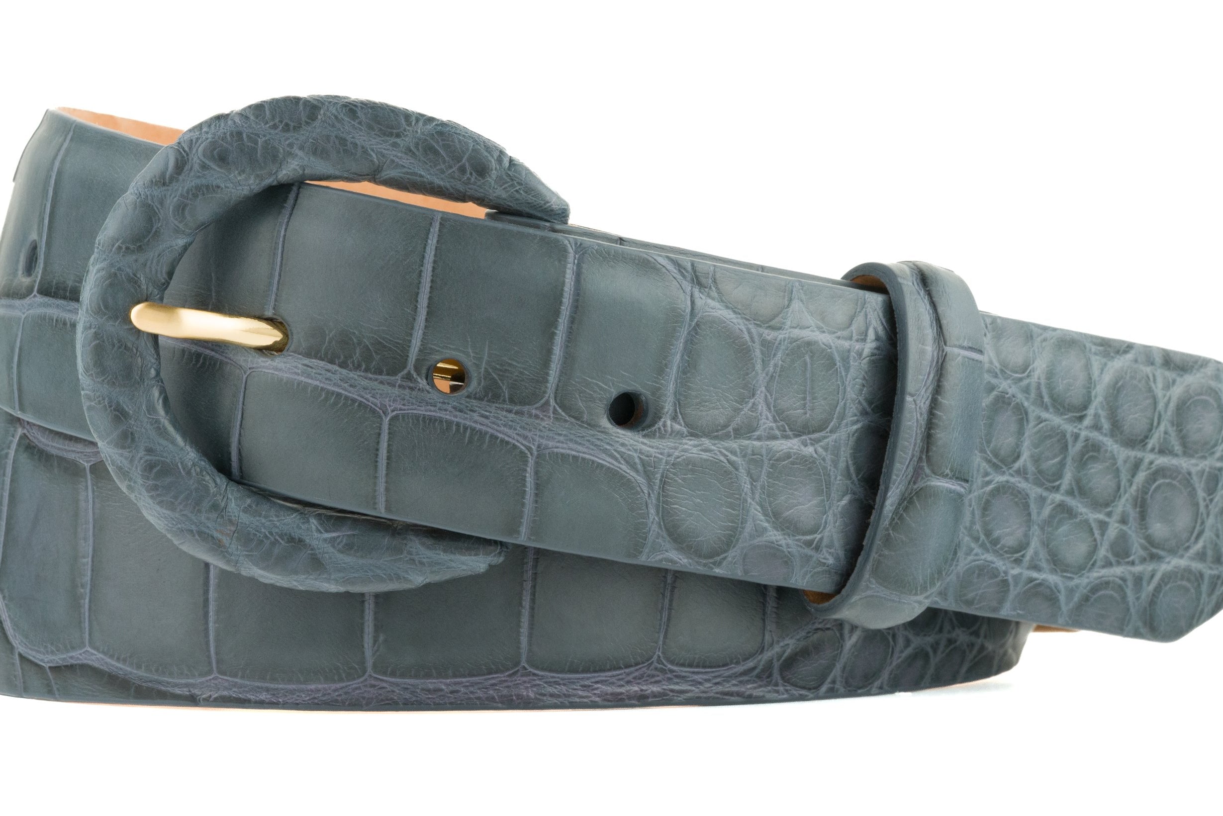 1-1/2" Matte Alligator Belt with Covered Crescent Buckle - Blue Jean