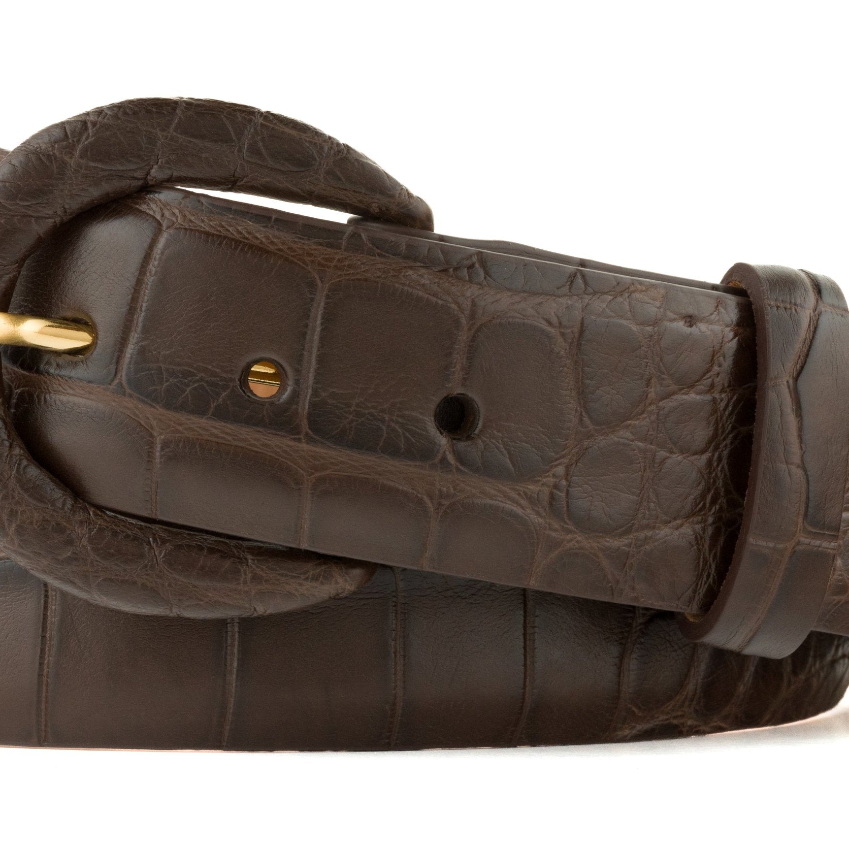 1-1/2" Matte Alligator Belt with Covered Crescent Buckle - Chocolate
