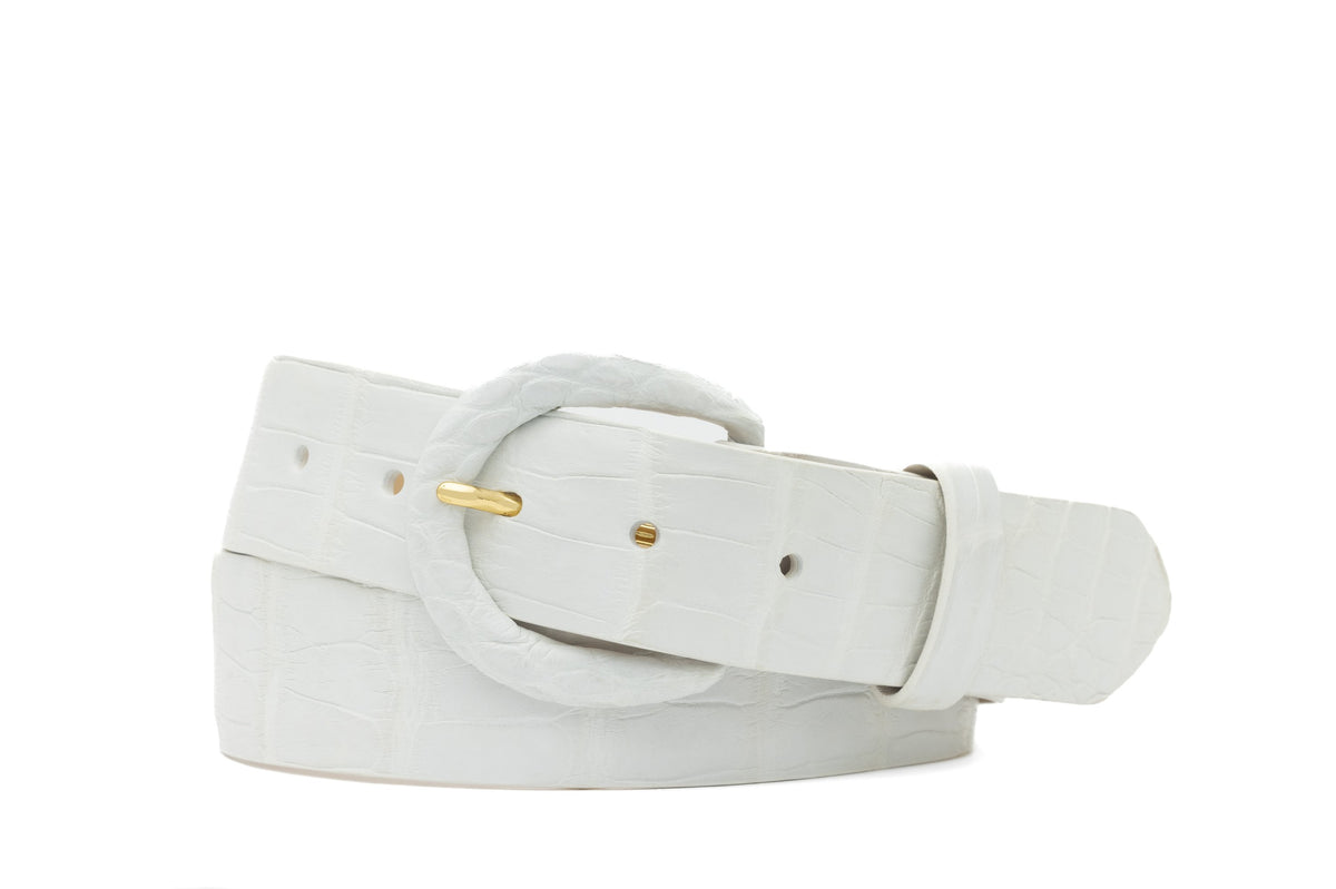 1-1/2" Matte Alligator Belt with Covered Crescent Buckle - White
