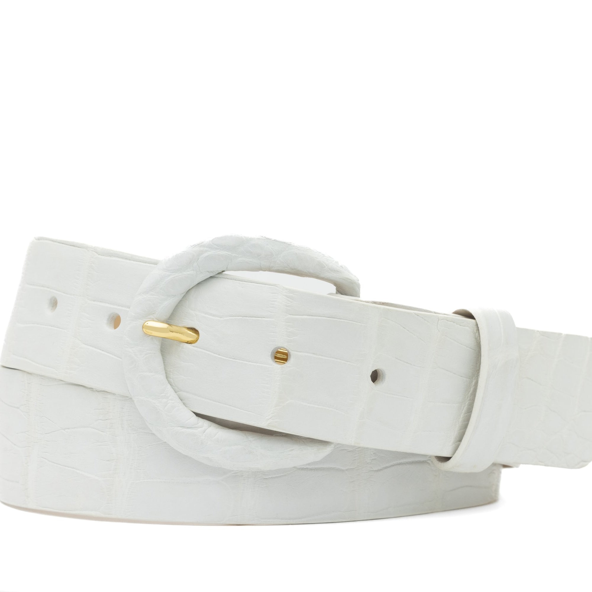 1-1/2" Matte Alligator Belt with Covered Crescent Buckle - White