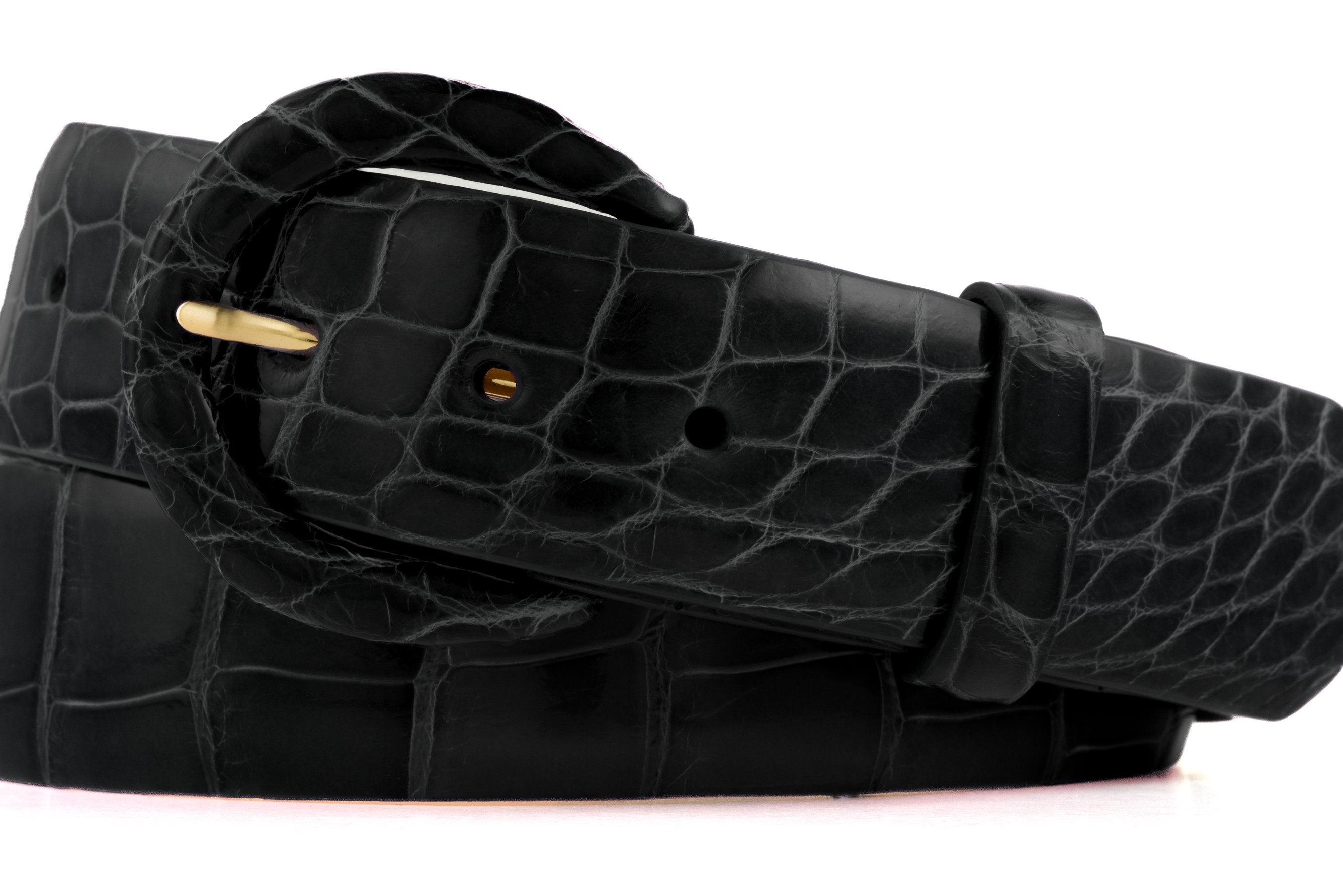 1-1/2" Glazed Alligator Belt with Covered Crescent Buckle - Black