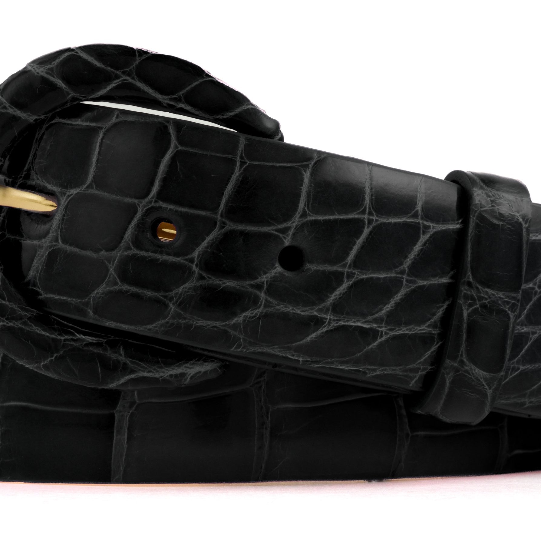 1-1/2" Glazed Alligator Belt with Covered Crescent Buckle - Black