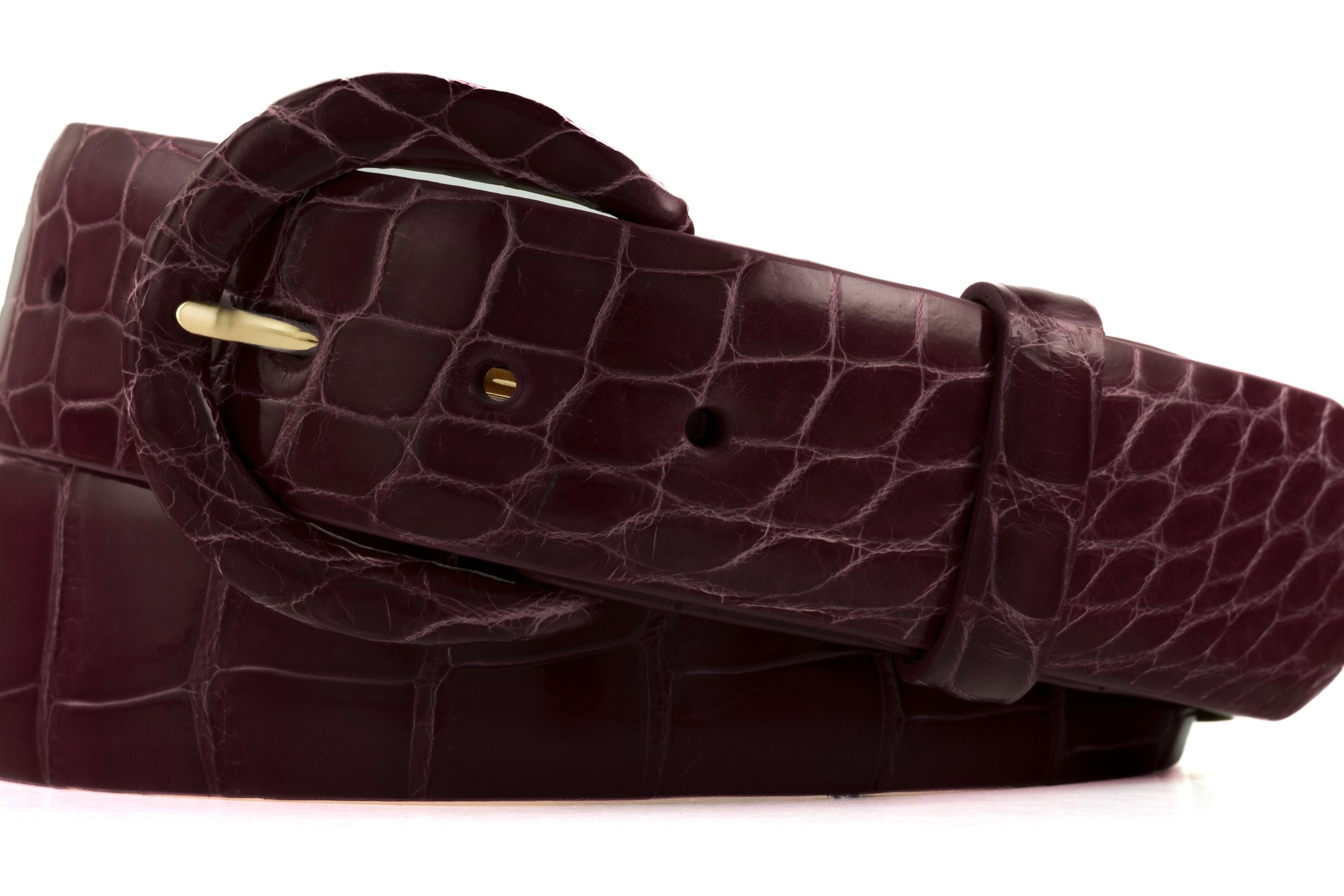 1-1/2" Glazed Alligator Belt with Covered Crescent Buckle - Burgundy
