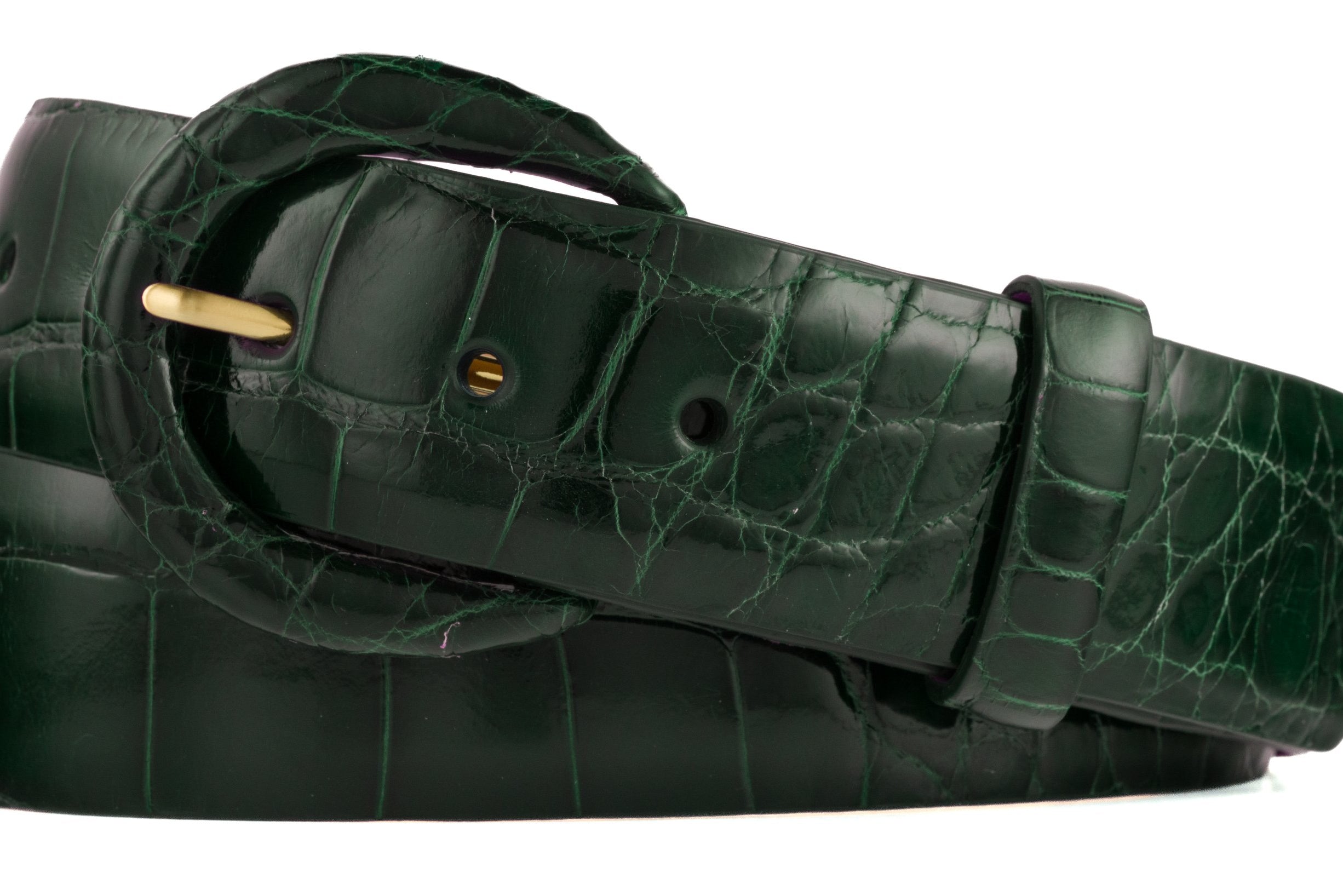 1-1/2" Glazed Alligator Belt with Covered Crescent Buckle - Forest Green