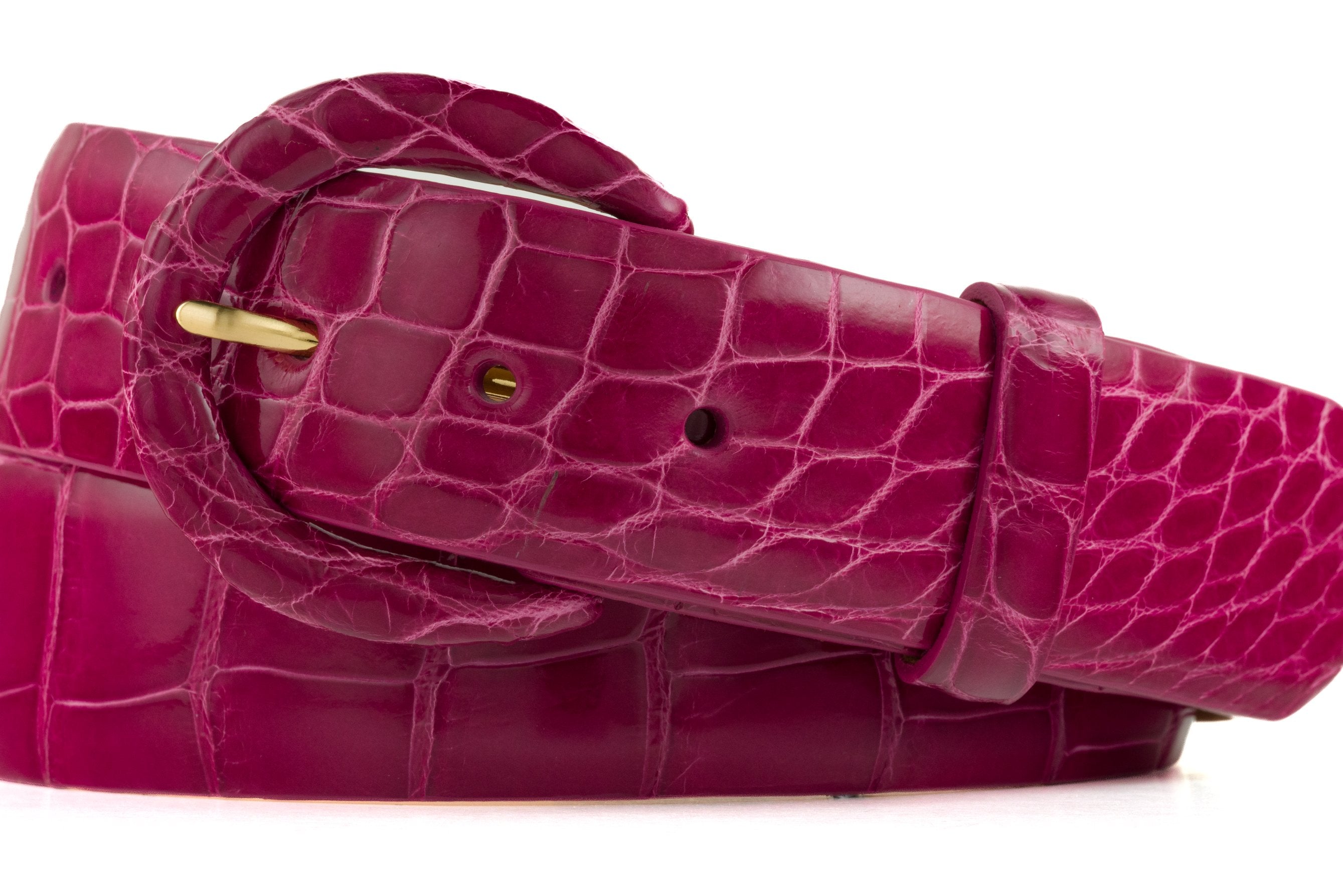 1-1/2" Glazed Alligator Belt with Covered Crescent Buckle - Fuchsia