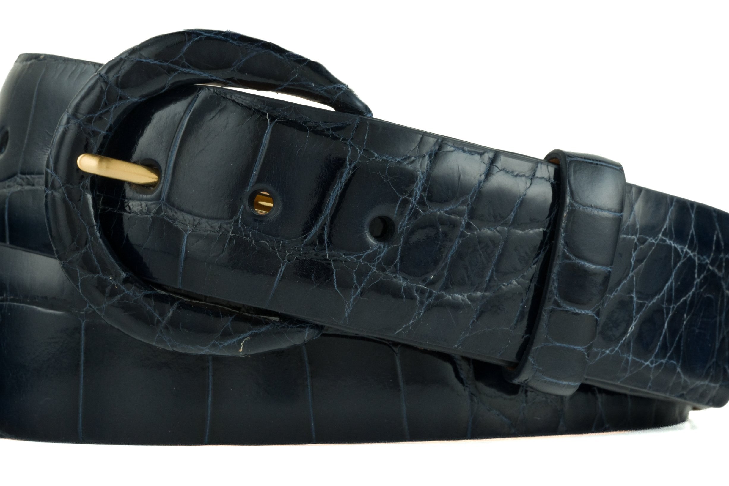 1-1/2" Glazed Alligator Belt with Covered Crescent Buckle - Navy