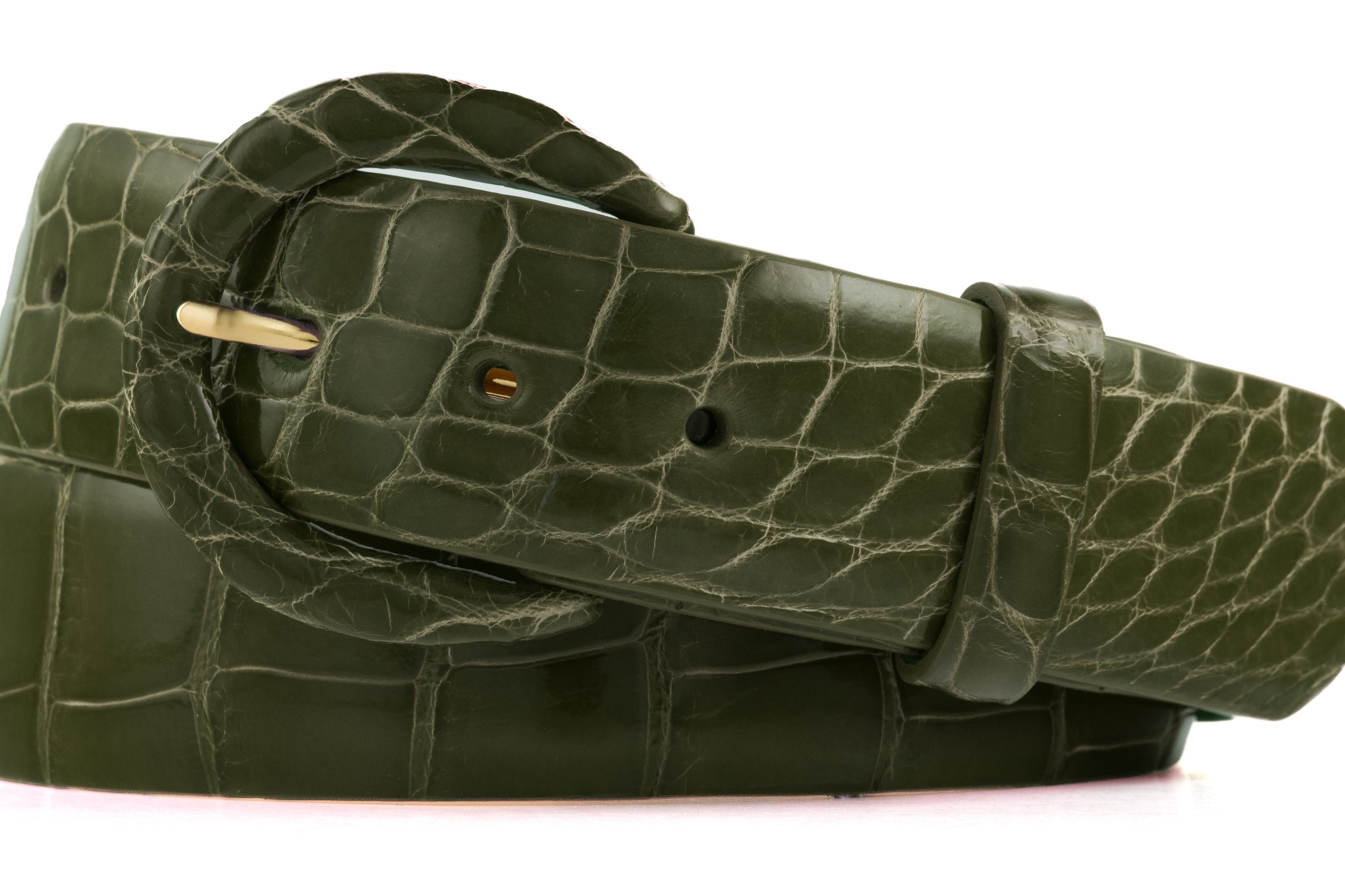 1-1/2" Glazed Alligator Belt with Covered Crescent Buckle - Olive