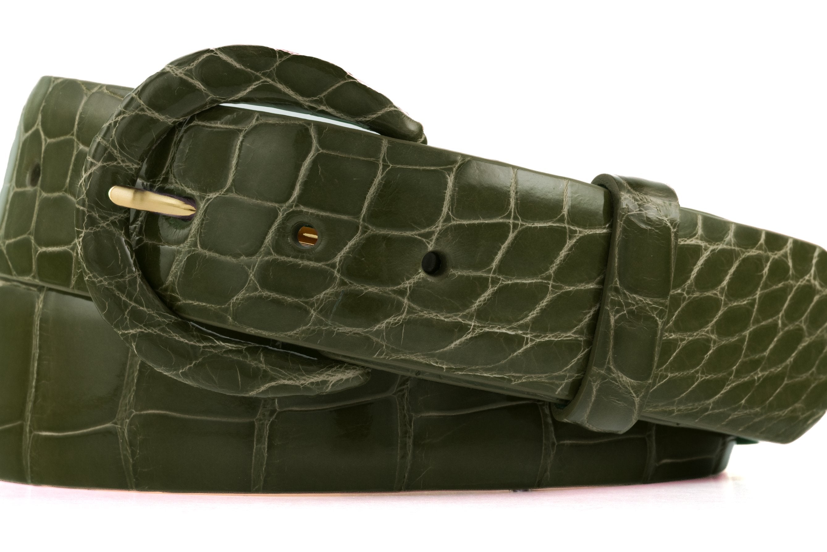 1-1/2" Glazed Alligator Belt with Covered Crescent Buckle - Olive