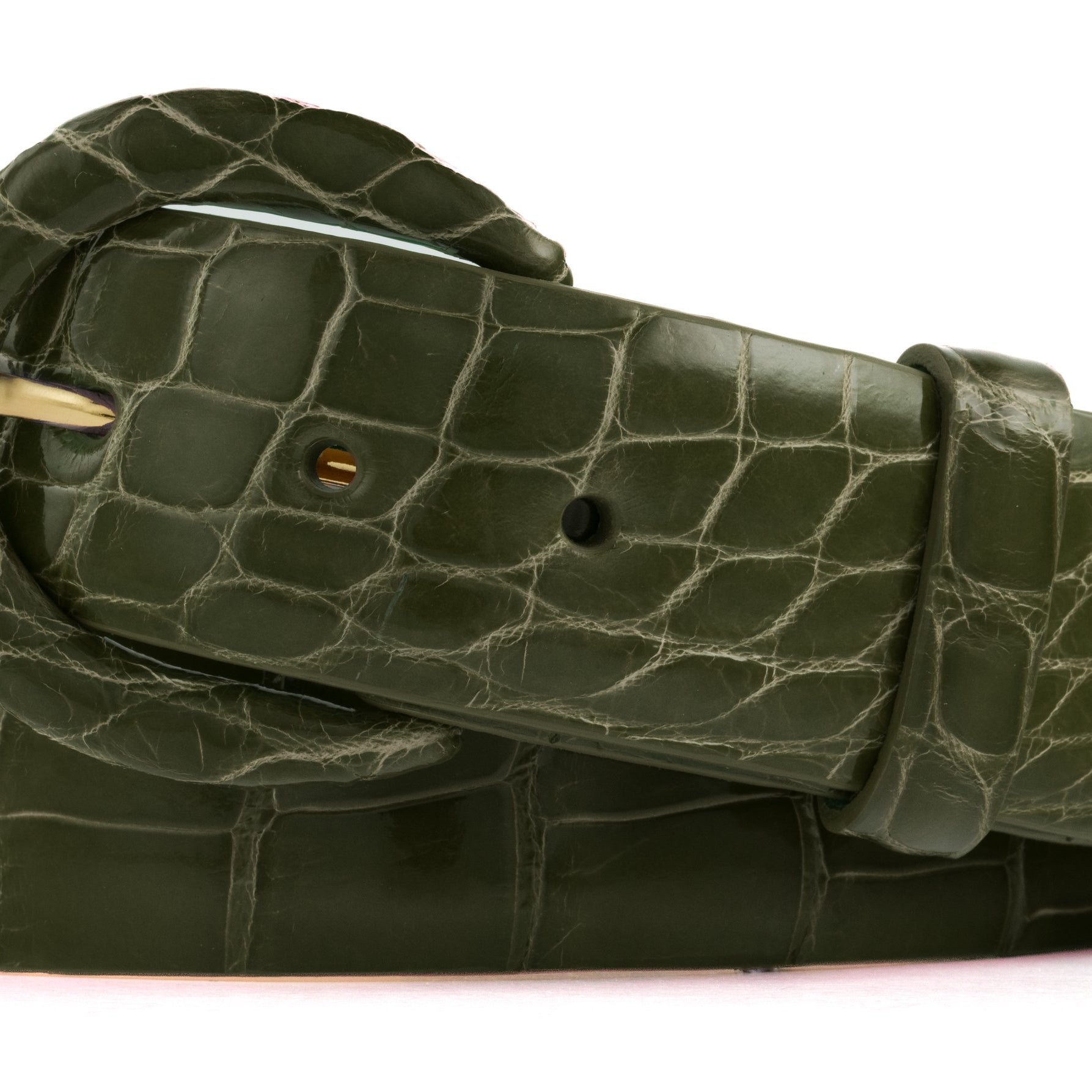 1-1/2" Glazed Alligator Belt with Covered Crescent Buckle - Olive