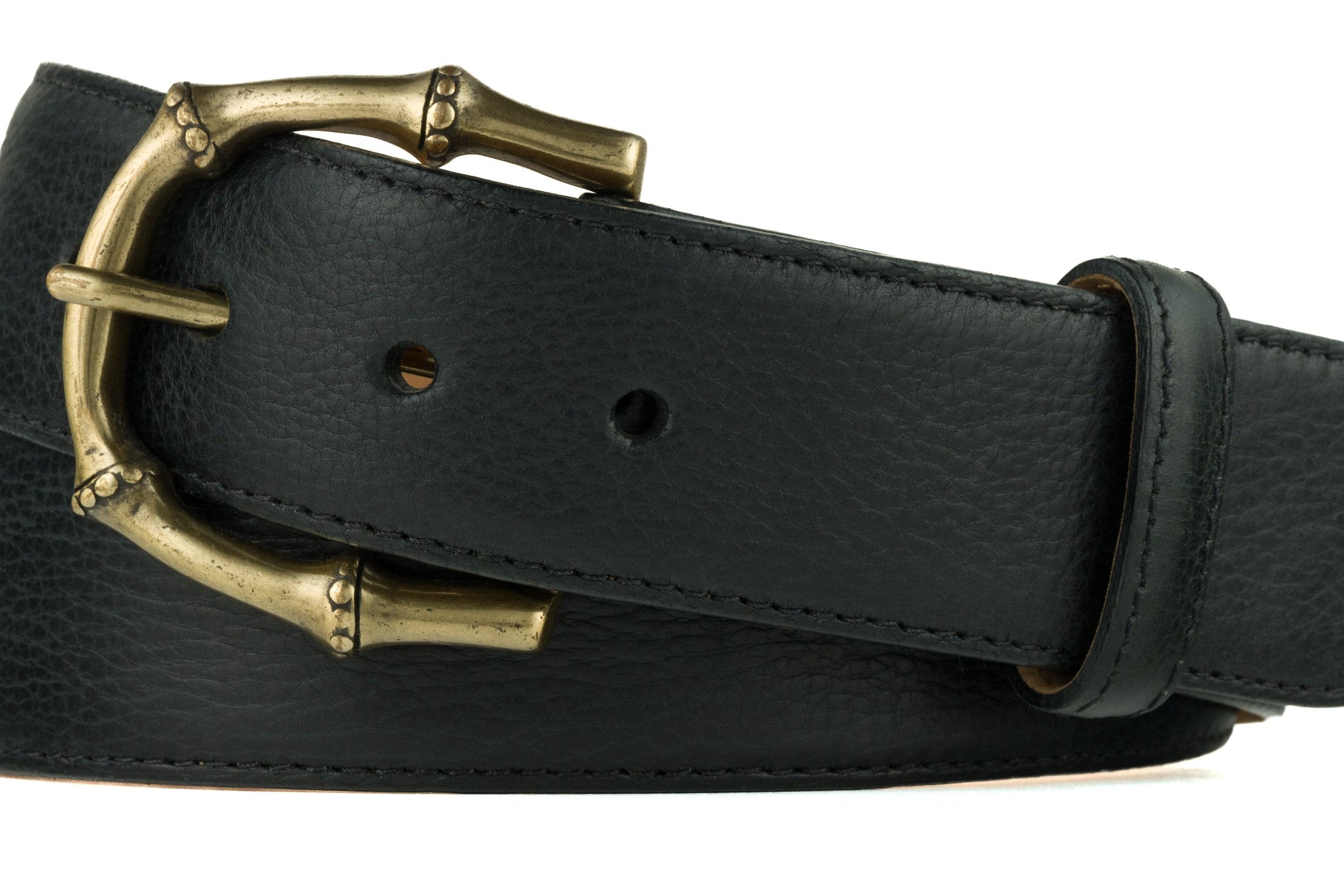 Pebbled Bison Belt with Antique Brass Buckle - Black