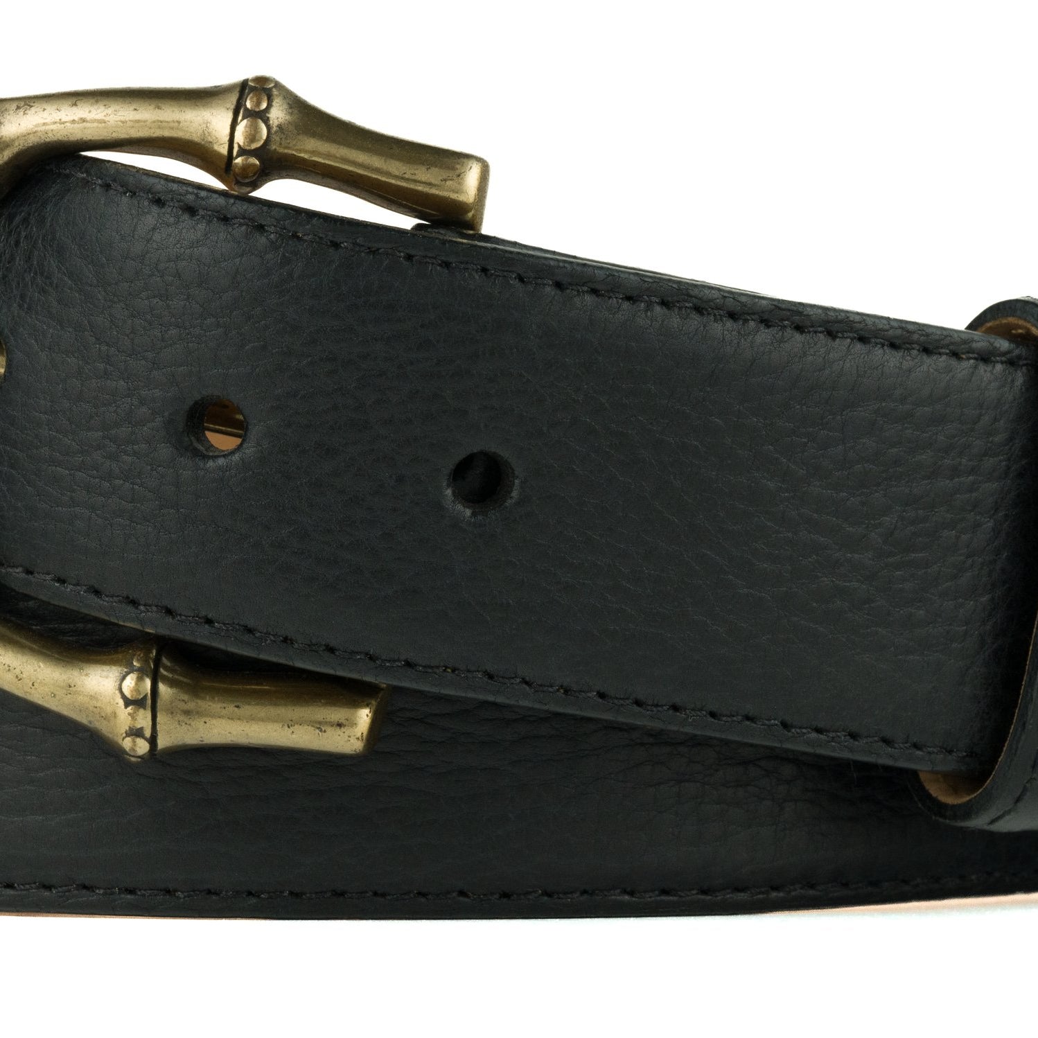 Pebbled Bison Belt with Antique Brass Buckle - Black