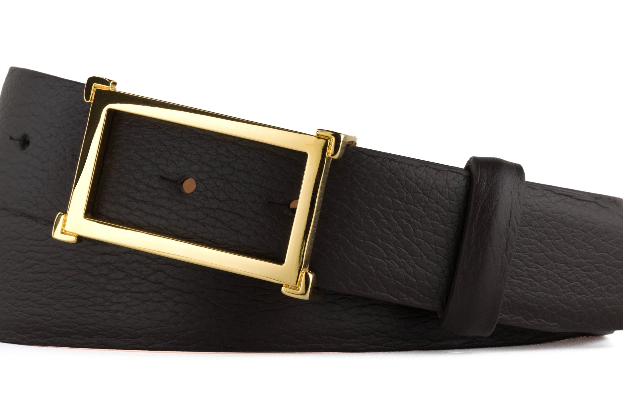 Pebbled Calf Belt with Gold Window Buckle - Chocolate