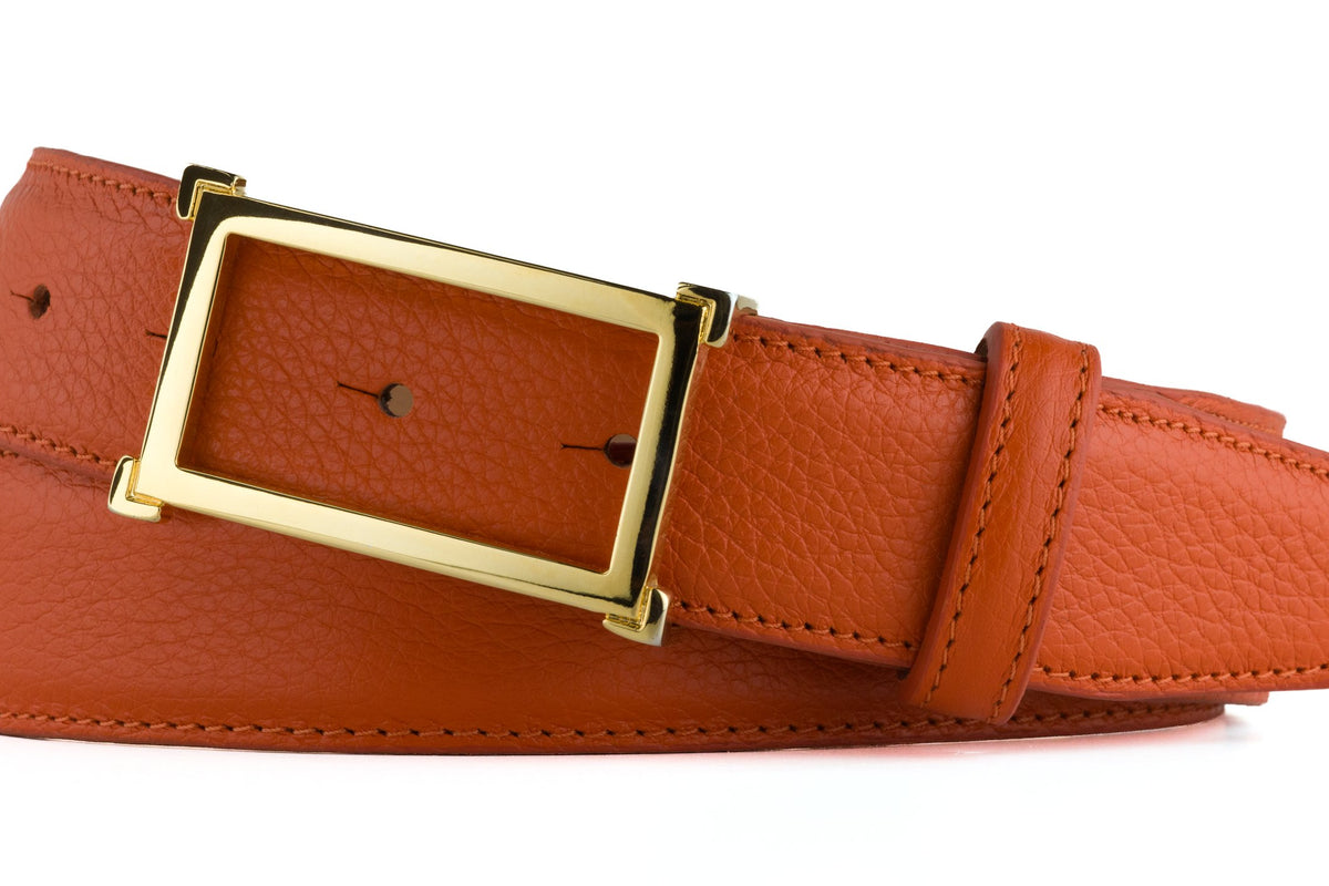 Pebbled Calf Belt with Gold Window Buckle - Orange