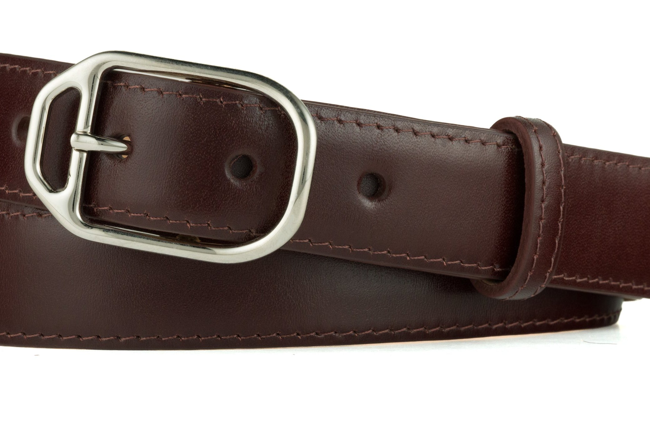 Glazed Calf Belt with Nickel Stirrup Buckle - Chocolate