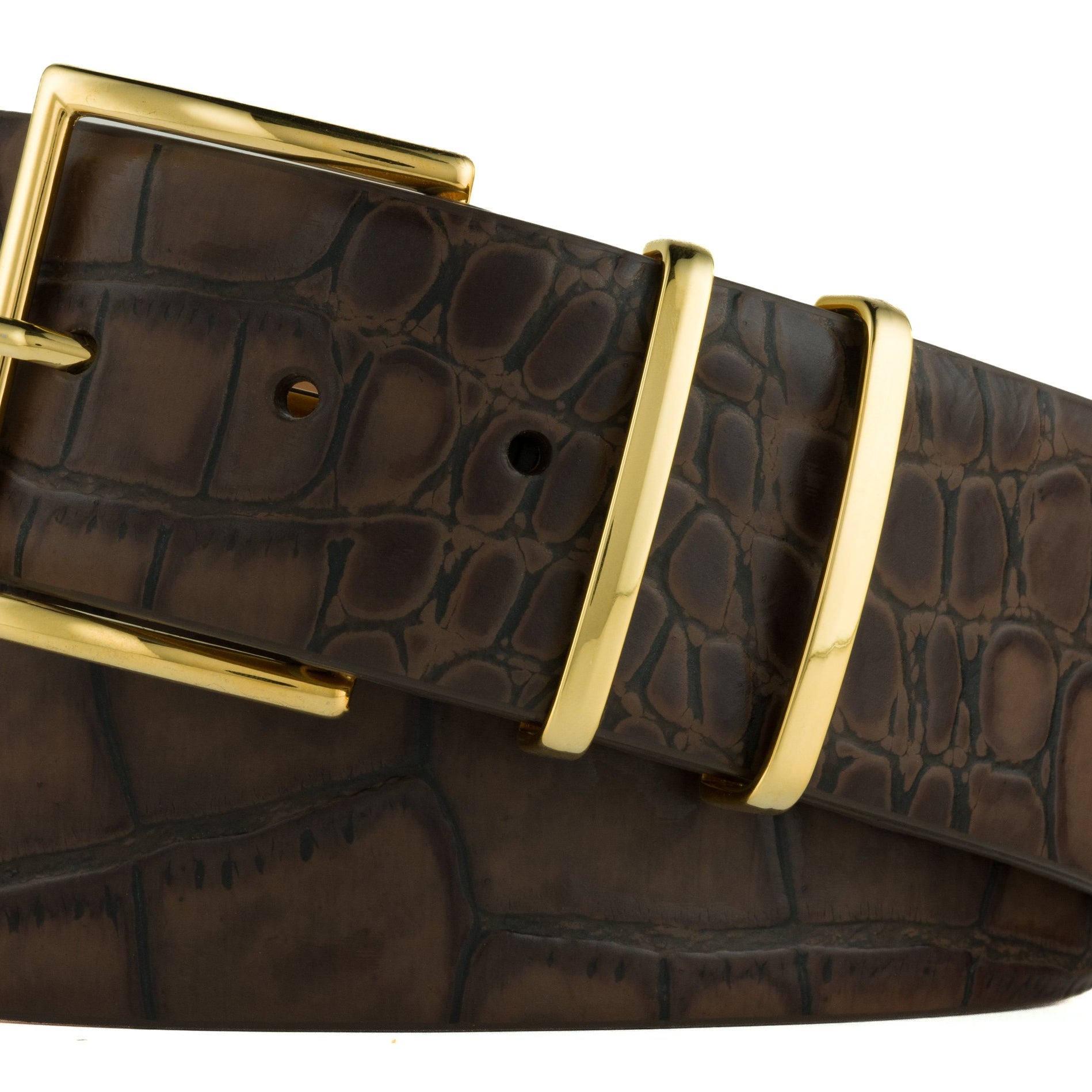 Italian Embossed Crocodile Belt with Gold Buckle and Two Keepers - Chocolate