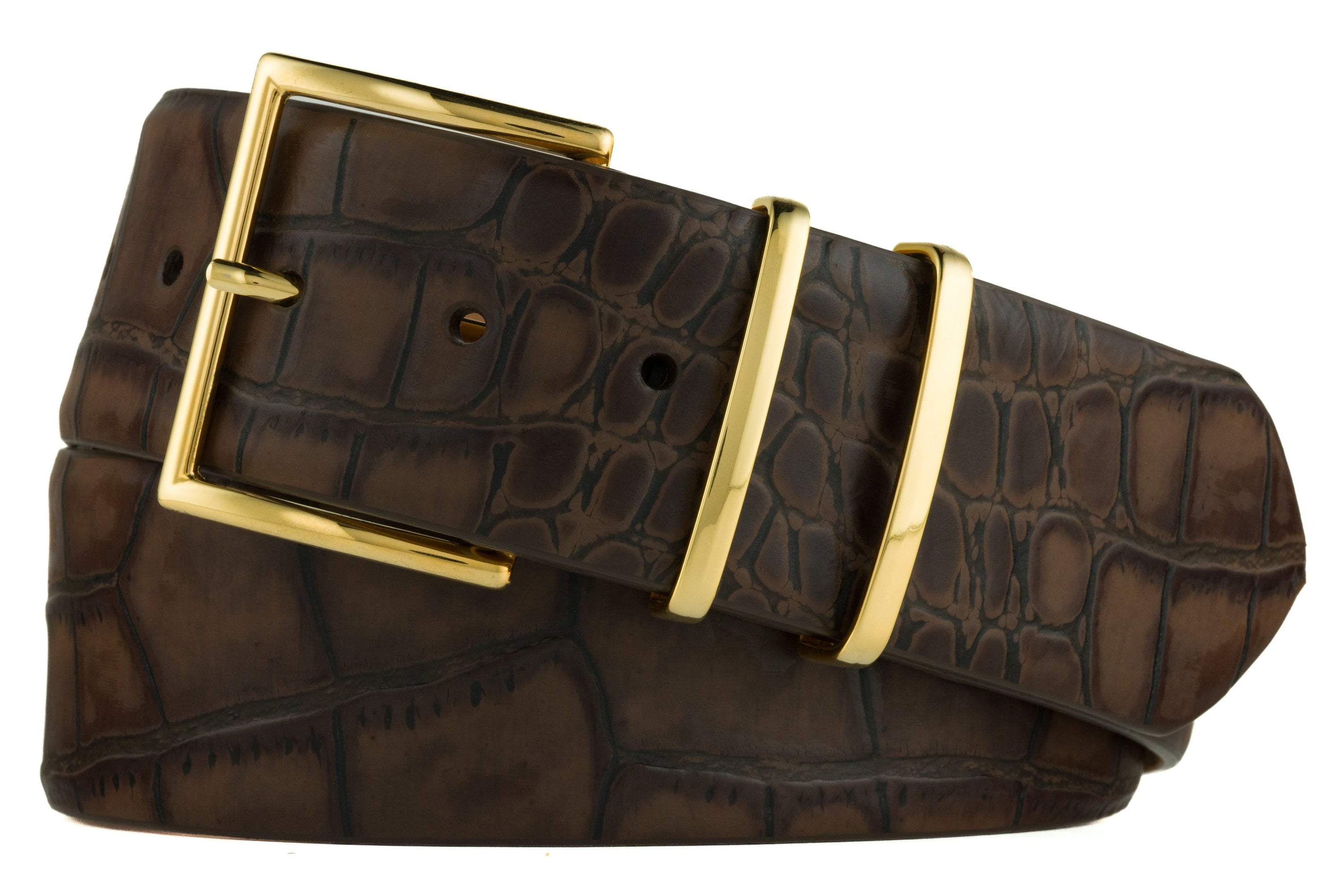 Italian Embossed Crocodile Belt with Gold Buckle and Two Keepers - Chocolate