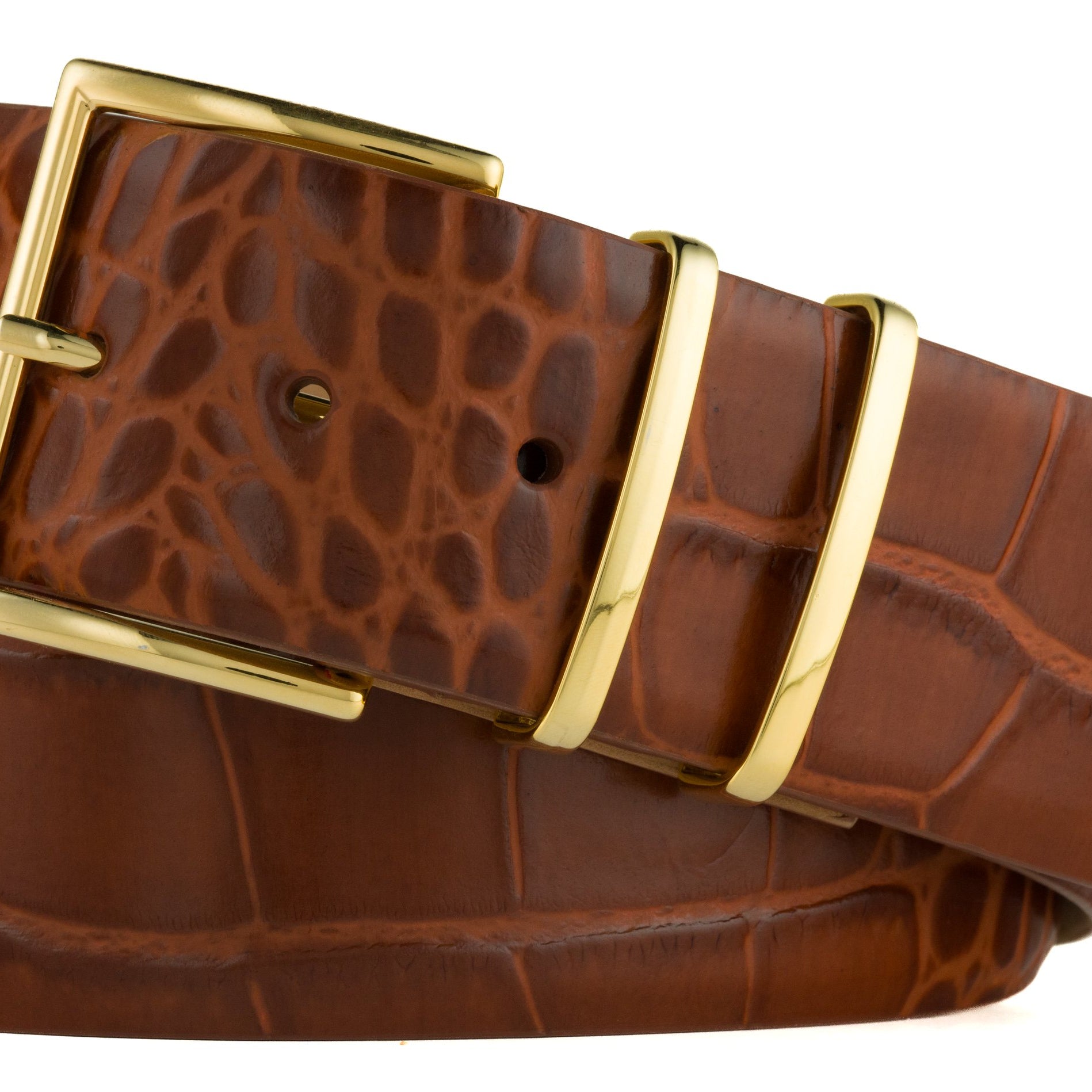 Italian Embossed Crocodile Belt with Gold Buckle and Two Keepers - Cognac