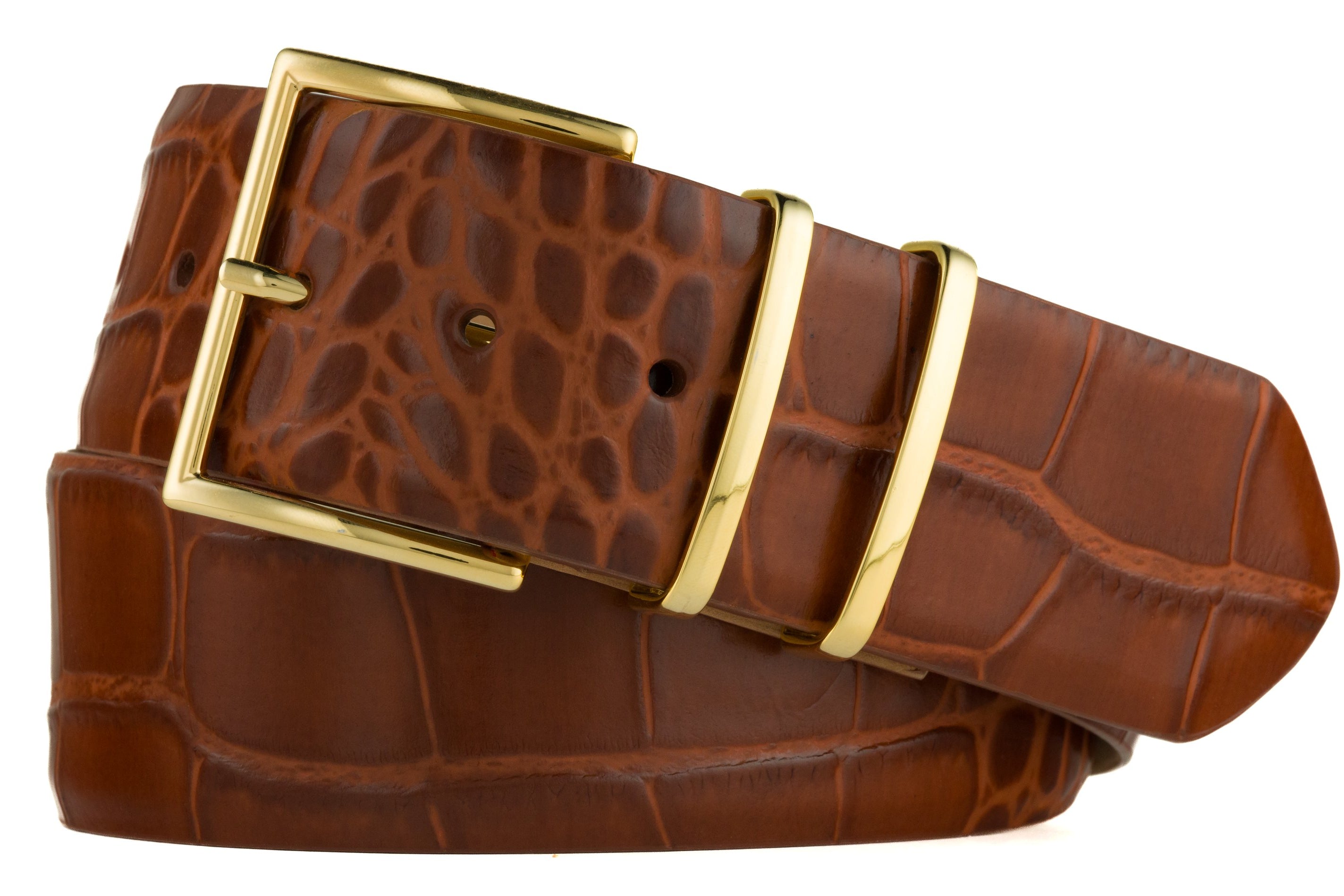 Italian Embossed Crocodile Belt with Gold Buckle and Two Keepers - Cognac