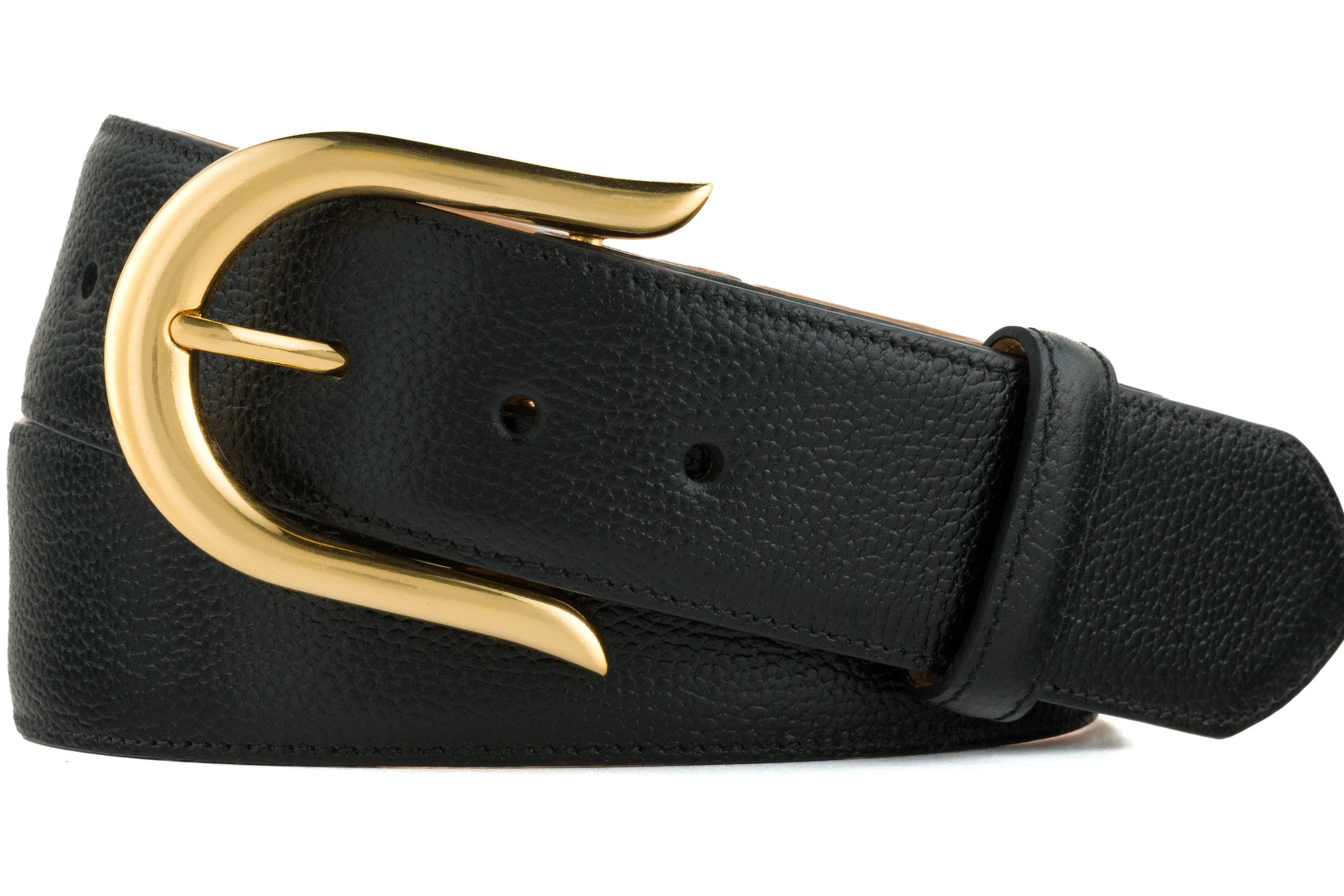 Pebbled Calf Belt with Brushed Gold Buckle - Black