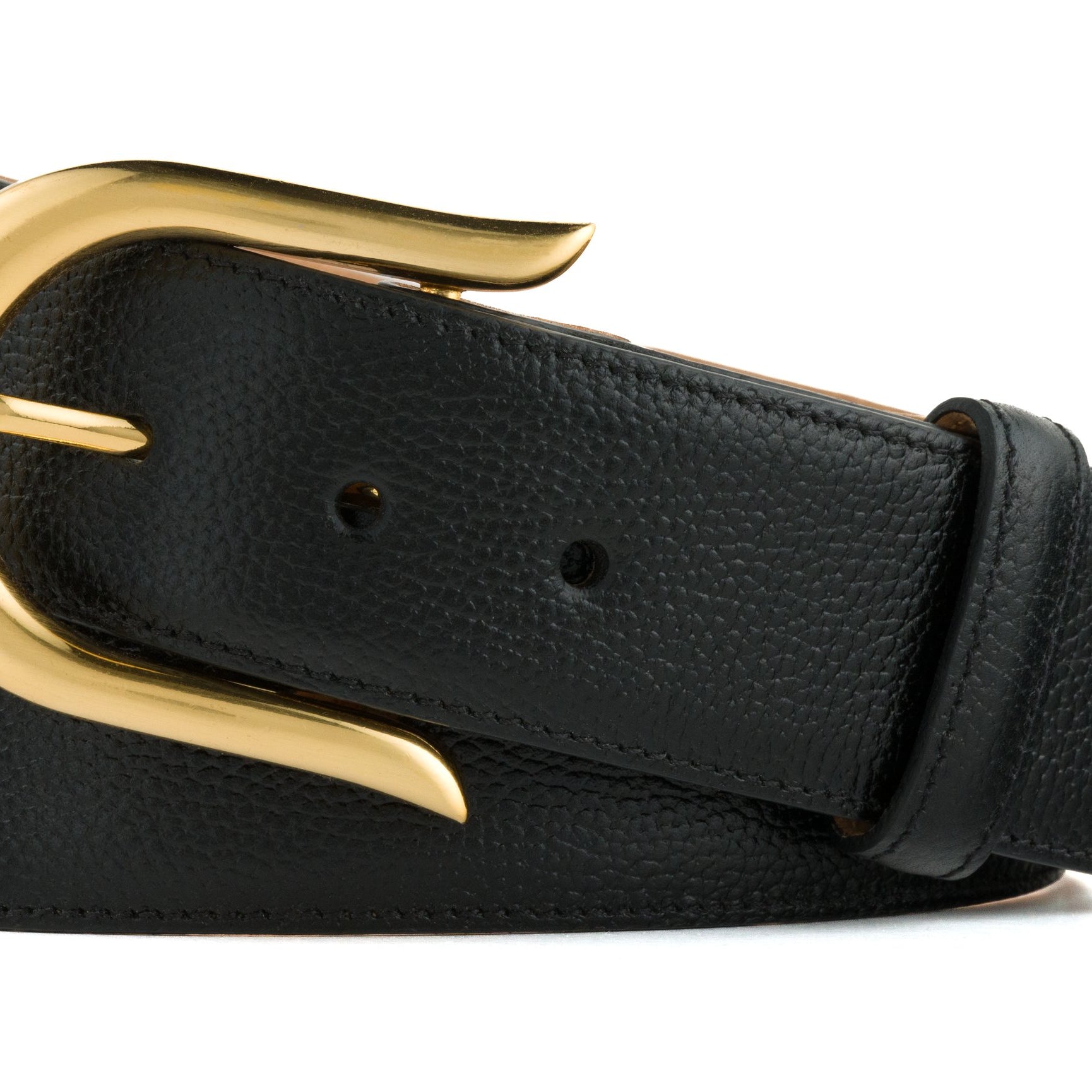 Pebbled Calf Belt with Brushed Gold Buckle - Black