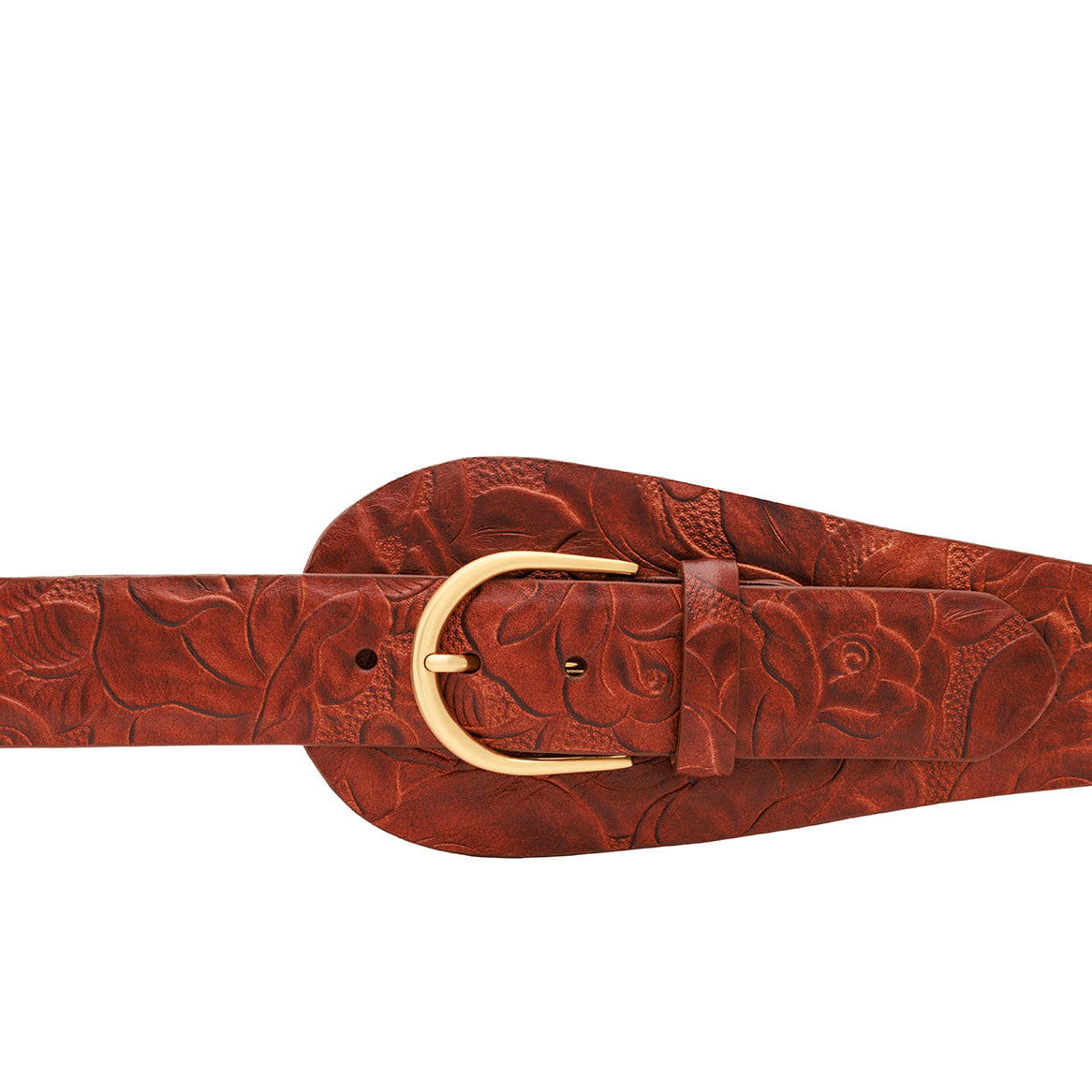 Moab Tooled Calf Tapered Belt with Large Tab and Brushed Gold Buckle