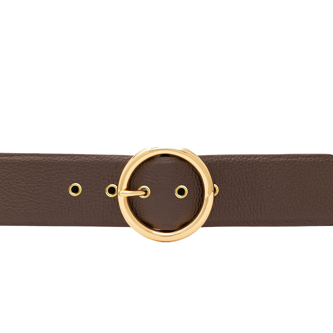 Pebbled Calf Belt with Circular Gold Buckle and Matching Grommets