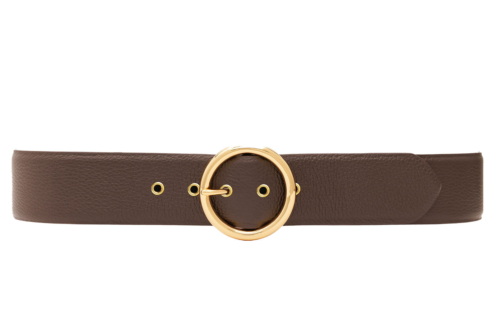 Pebbled Calf Belt with Circular Gold Buckle and Matching Grommets