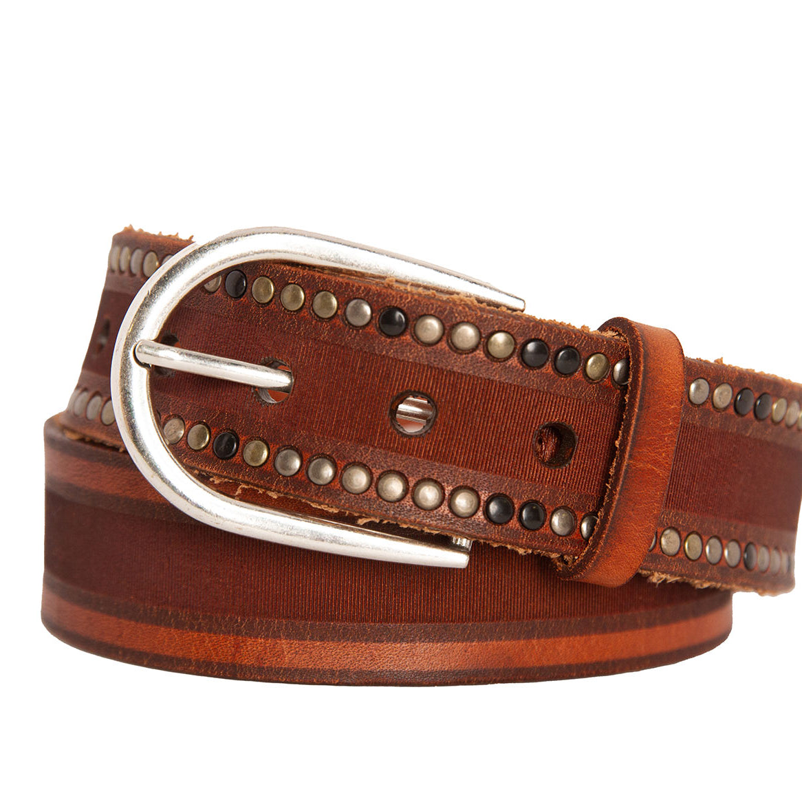 Italian Center Skived Rivet Calf Belt with Antique Silver Buckle