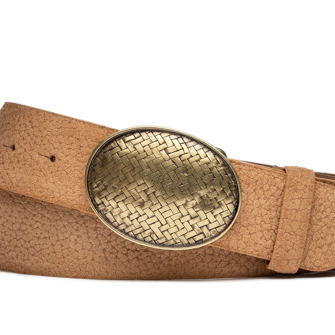 Pebbled Suede Calf Belt with Antique Brass Plaque Buckle