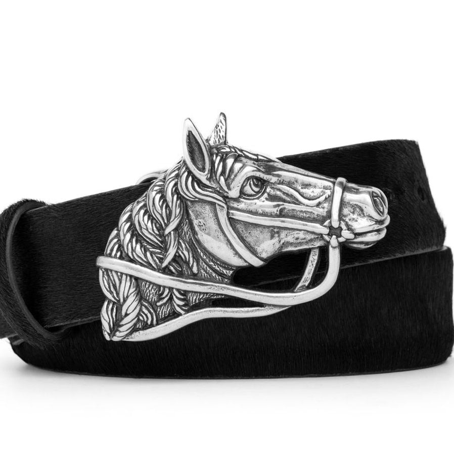 Calf Hair Belt with Nickel Horse Buckle