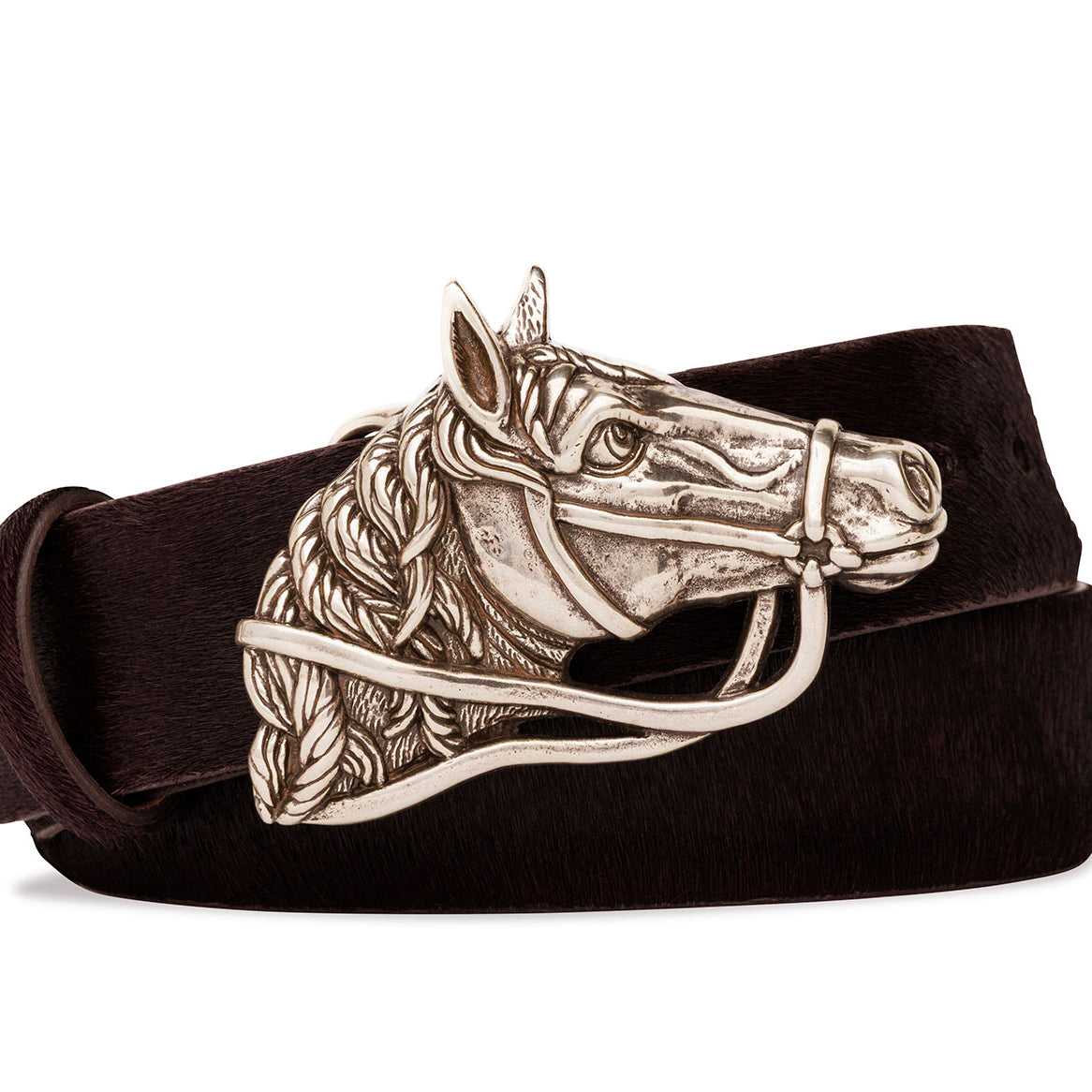 Calf Hair Belt with Nickel Horse Buckle