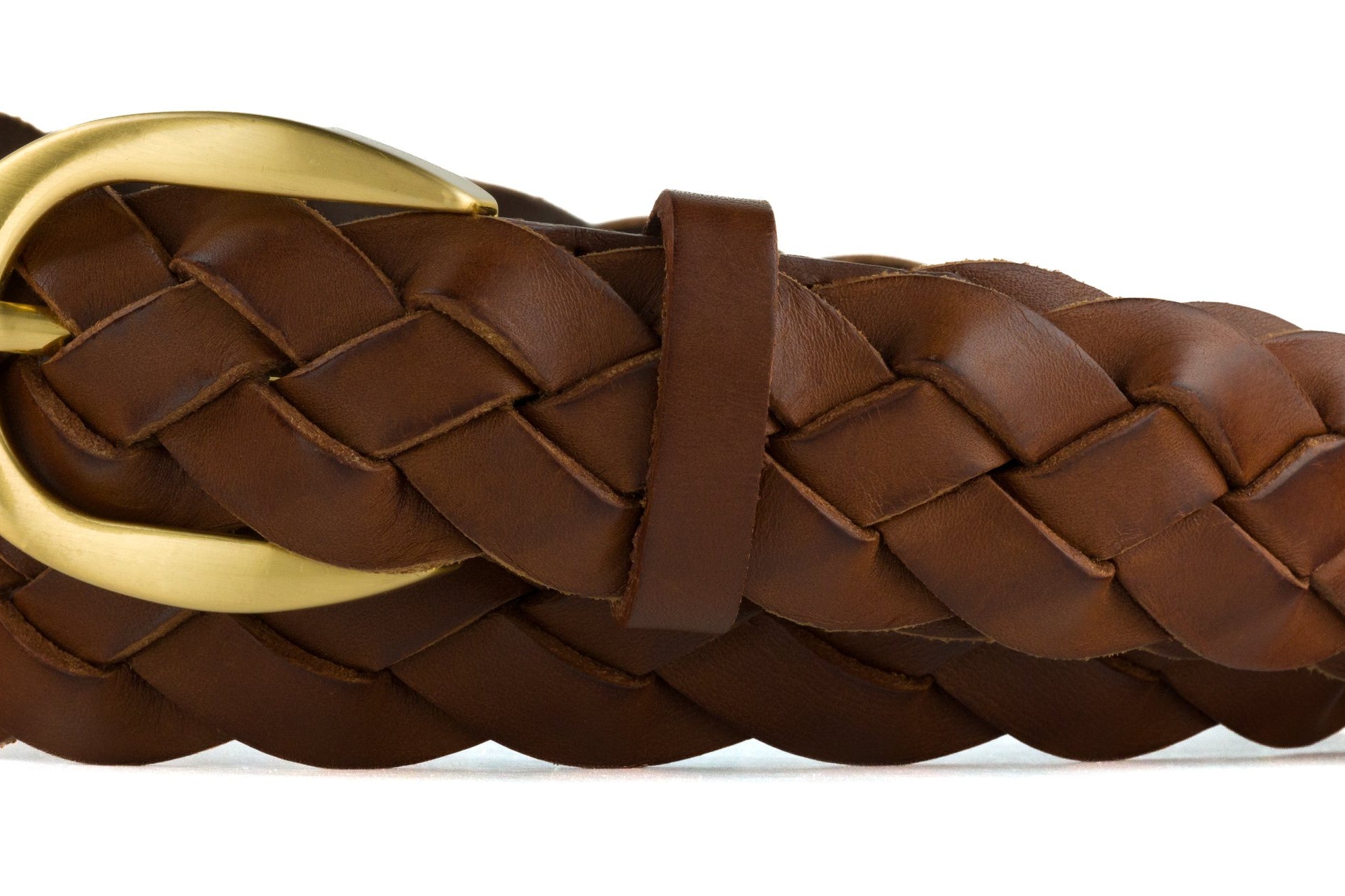 Braided Calf Belt with Brushed Gold Buckle - Cognac