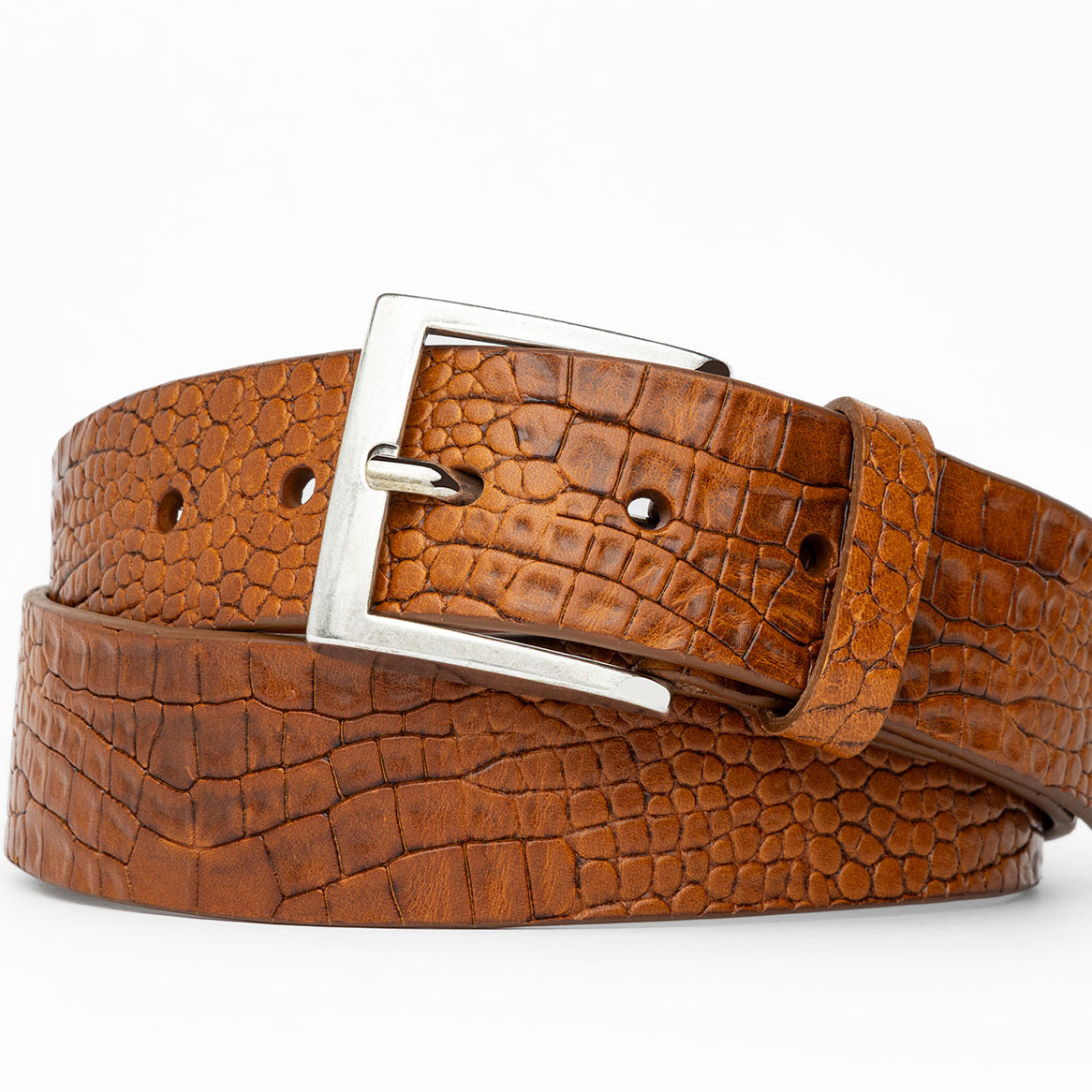 Embossed Single-Ply Calf Belt with Antique Silver Buckle