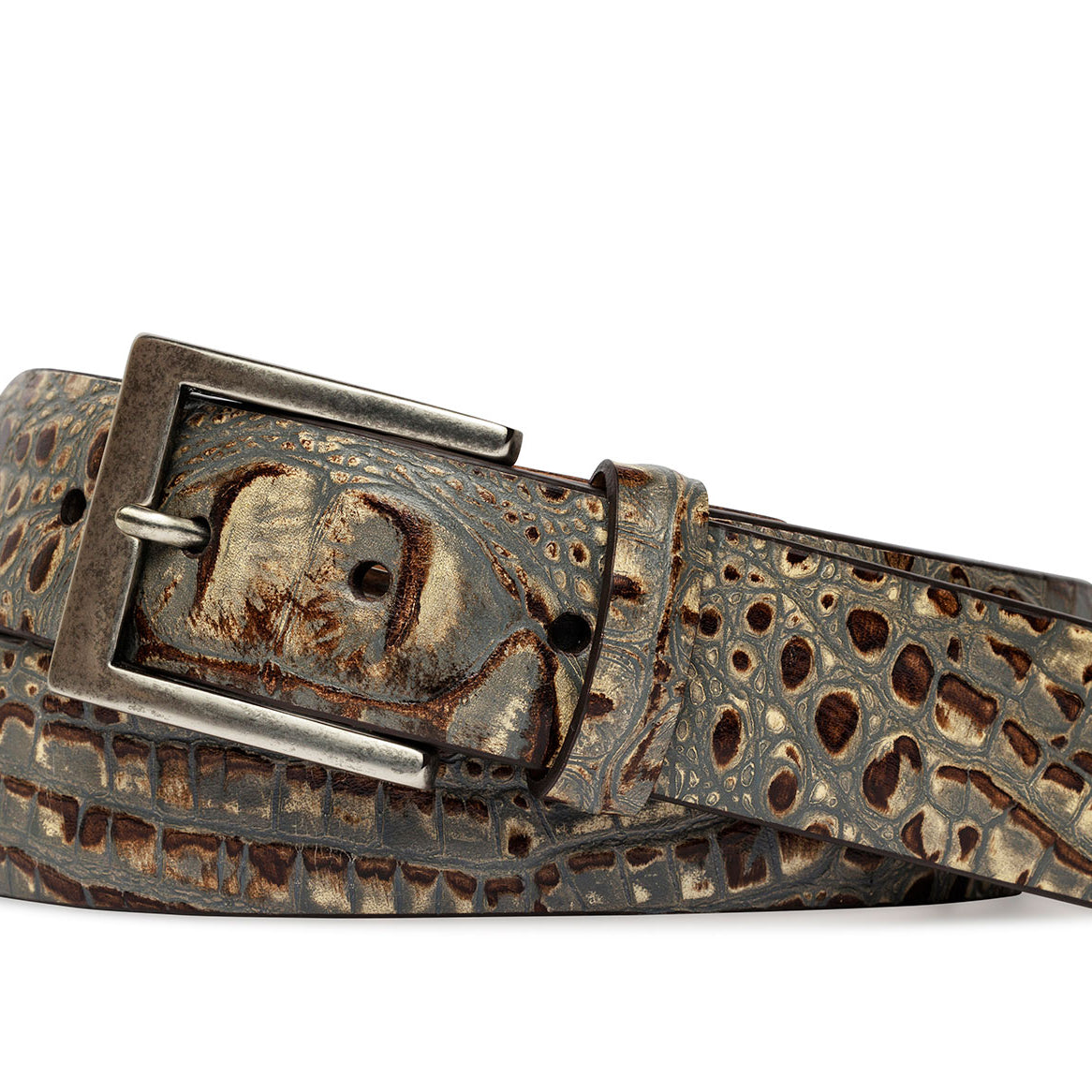 Embossed Washed Croc Belt with Antique Silver Buckle
