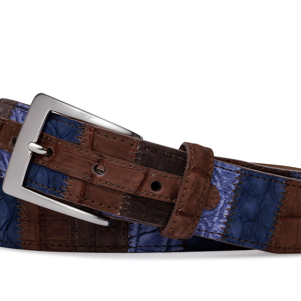 Vertical Patchwork Matte Alligator Belt with Brushed Nickel Buckle