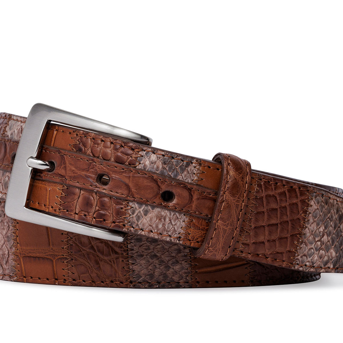 Vertical Patchwork Matte Alligator Belt with Brushed Nickel Buckle