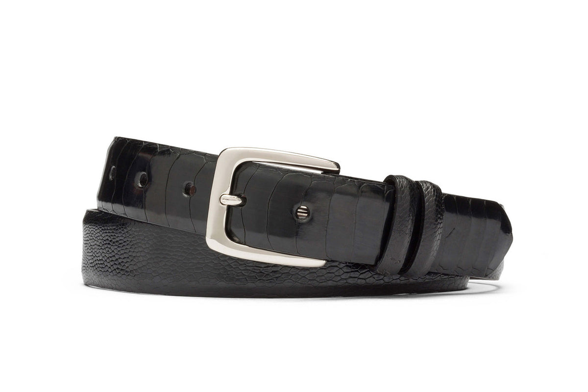 Black Ostrich Leg Belt with Nickel Buckle — w.kleinberg