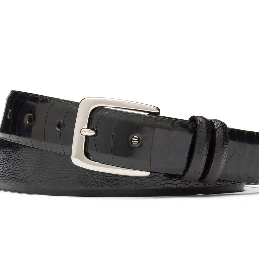 Black Ostrich Leg Belt with Nickel Buckle — w.kleinberg