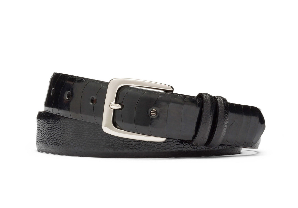 Black Ostrich Leg Belt with Nickel Buckle — w.kleinberg