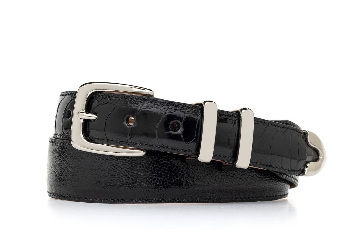 Black Tapered Ostrich Leg Golf Belt with Nickel Tip Set — w.kleinberg