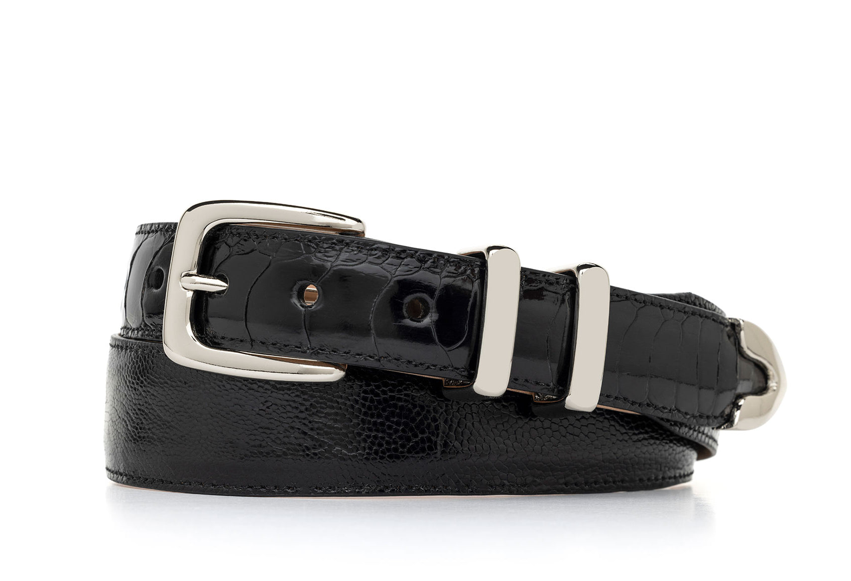 Black Tapered Ostrich Leg Golf Belt with Nickel Tip Set — w.kleinberg