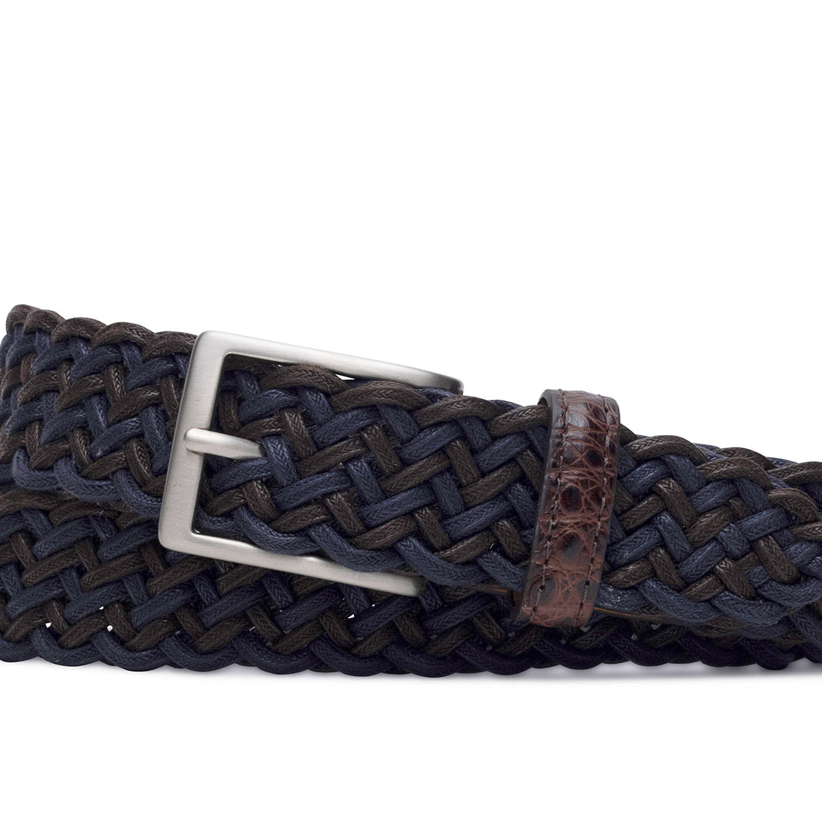 Blue Brown w.kleinberg cloth weave belt with crocodile tabs and brushed nickel buckle flat lay