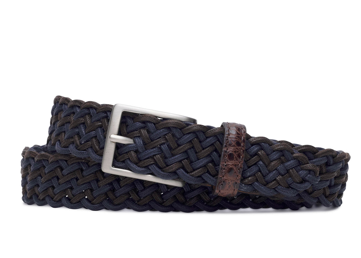 Blue Brown w.kleinberg cloth weave belt with crocodile tabs and brushed nickel buckle flat lay