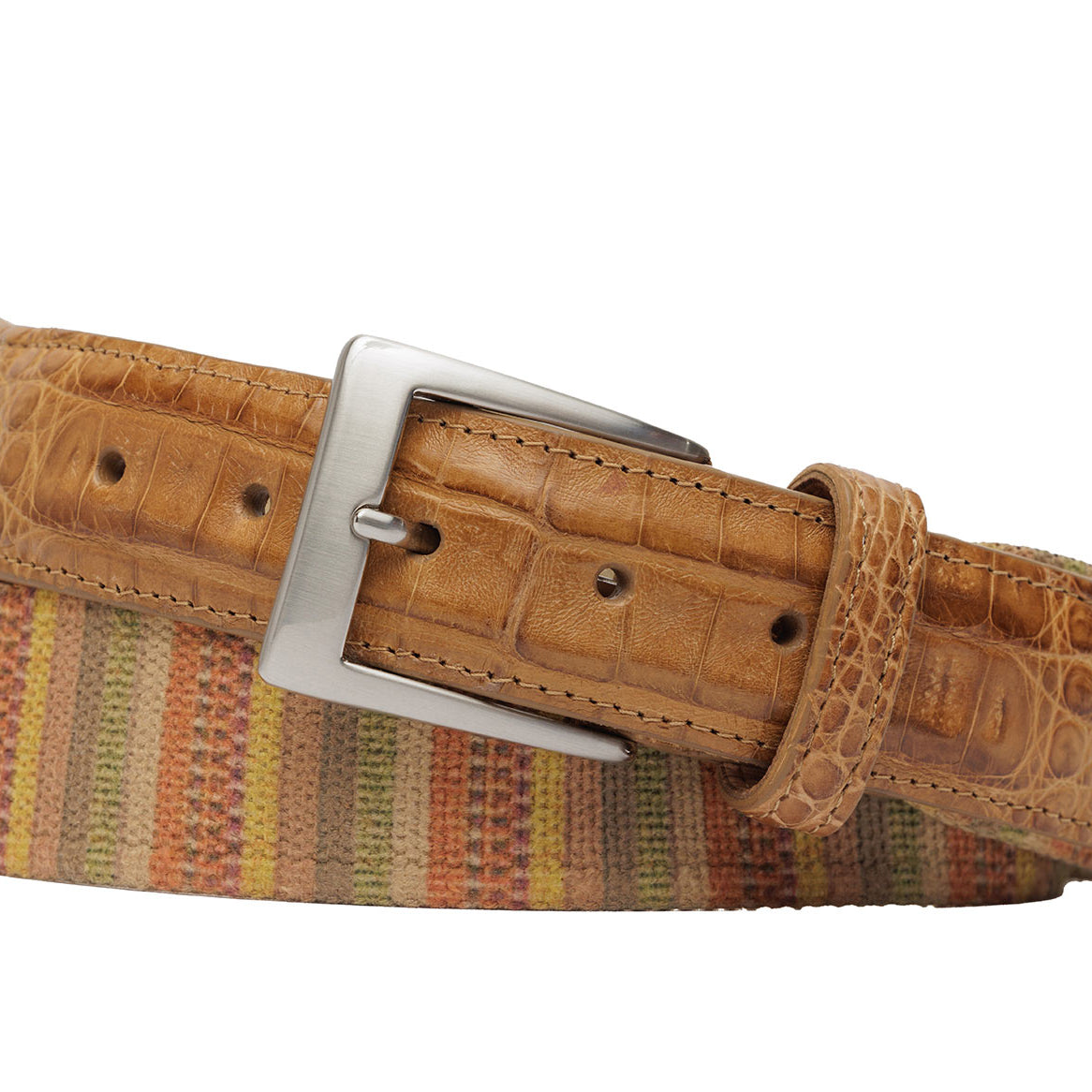 Canvas Stripes Belt with Crocodile Tabs and Brushed Nickel Buckle by w.kleinberg